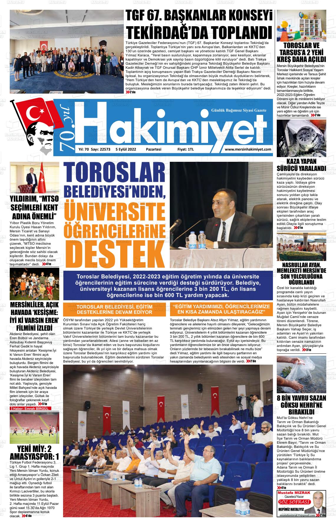 05 Eylül 2022 Mersin Hakimiyet Gazete Manşeti