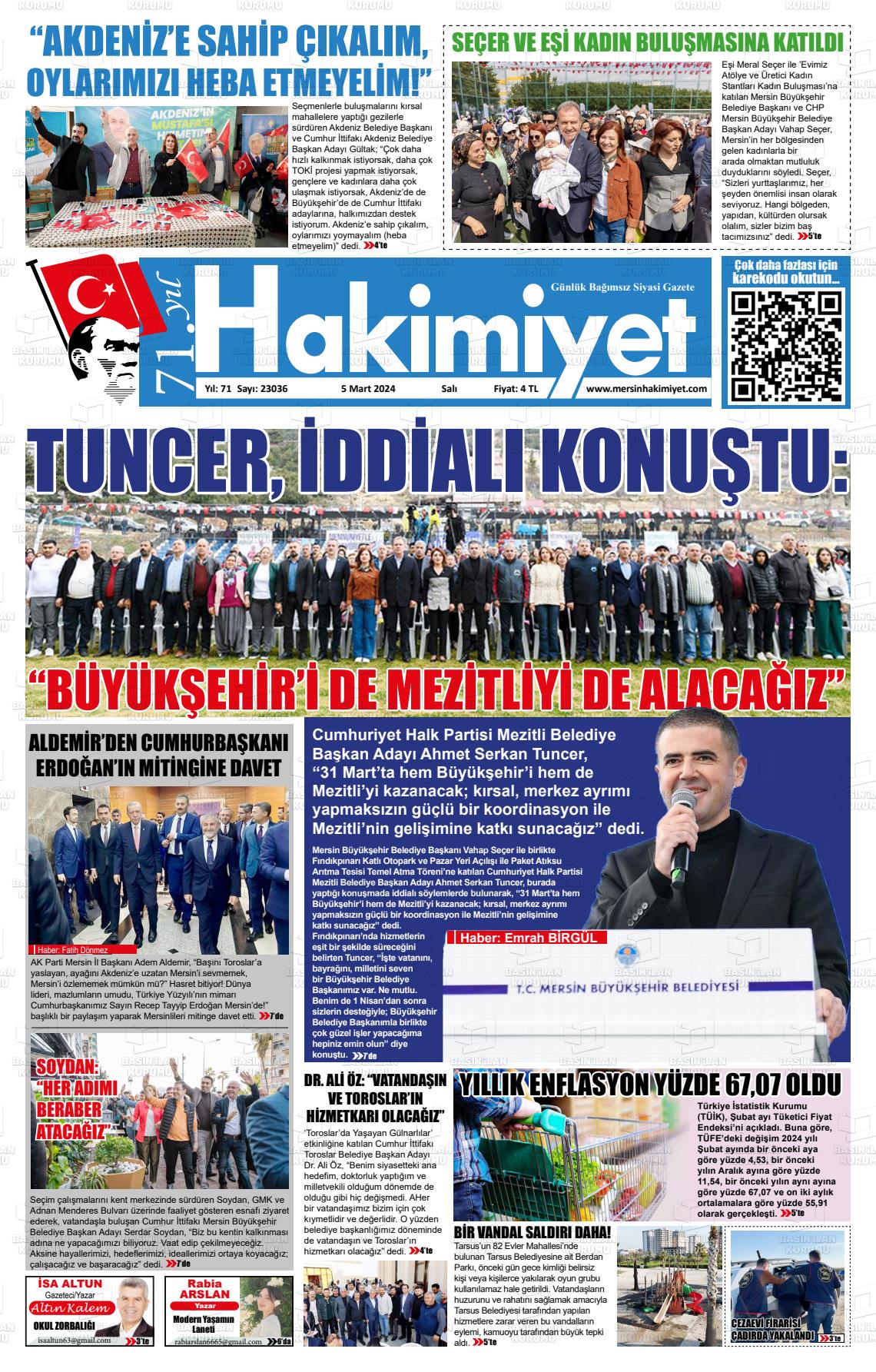 05 Mart 2024 Mersin Hakimiyet Gazete Manşeti