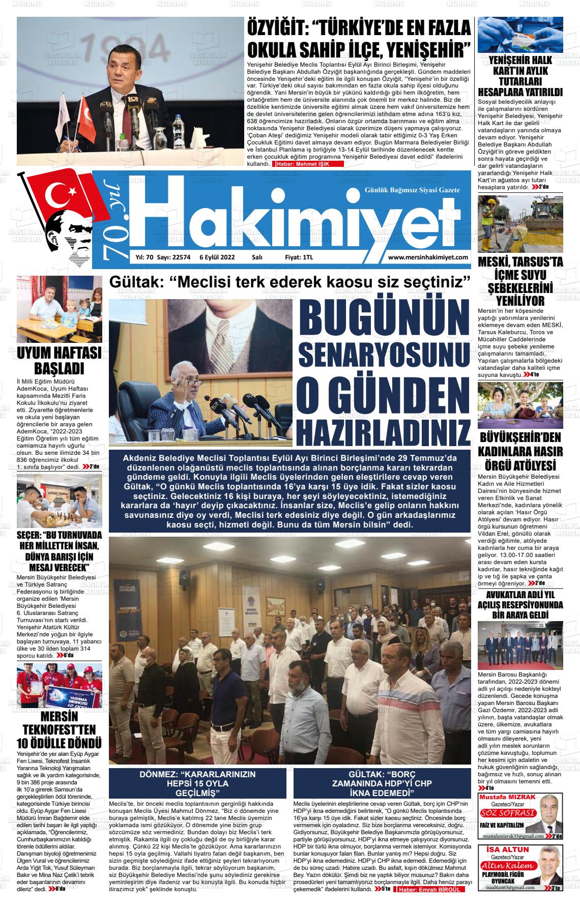 06 Eylül 2022 Mersin Hakimiyet Gazete Manşeti