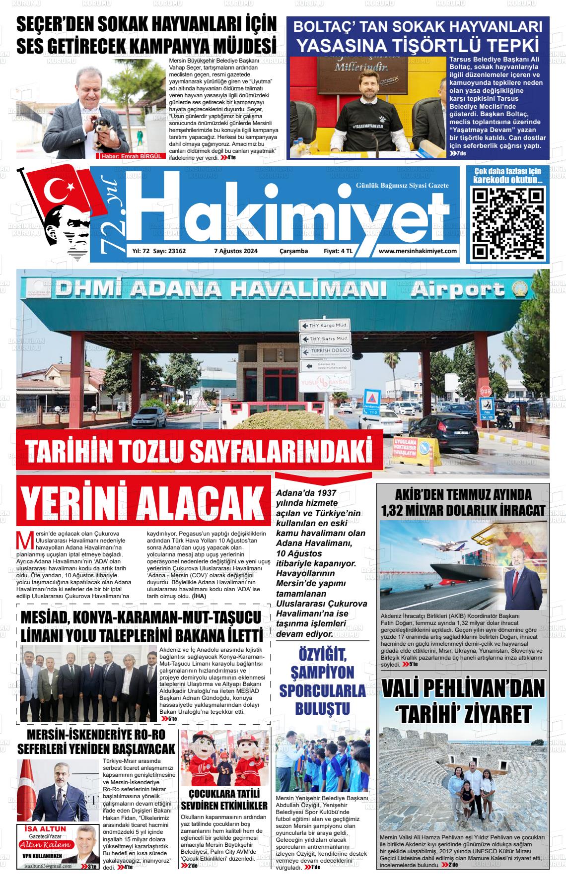 07 Ağustos 2024 Mersin Hakimiyet Gazete Manşeti