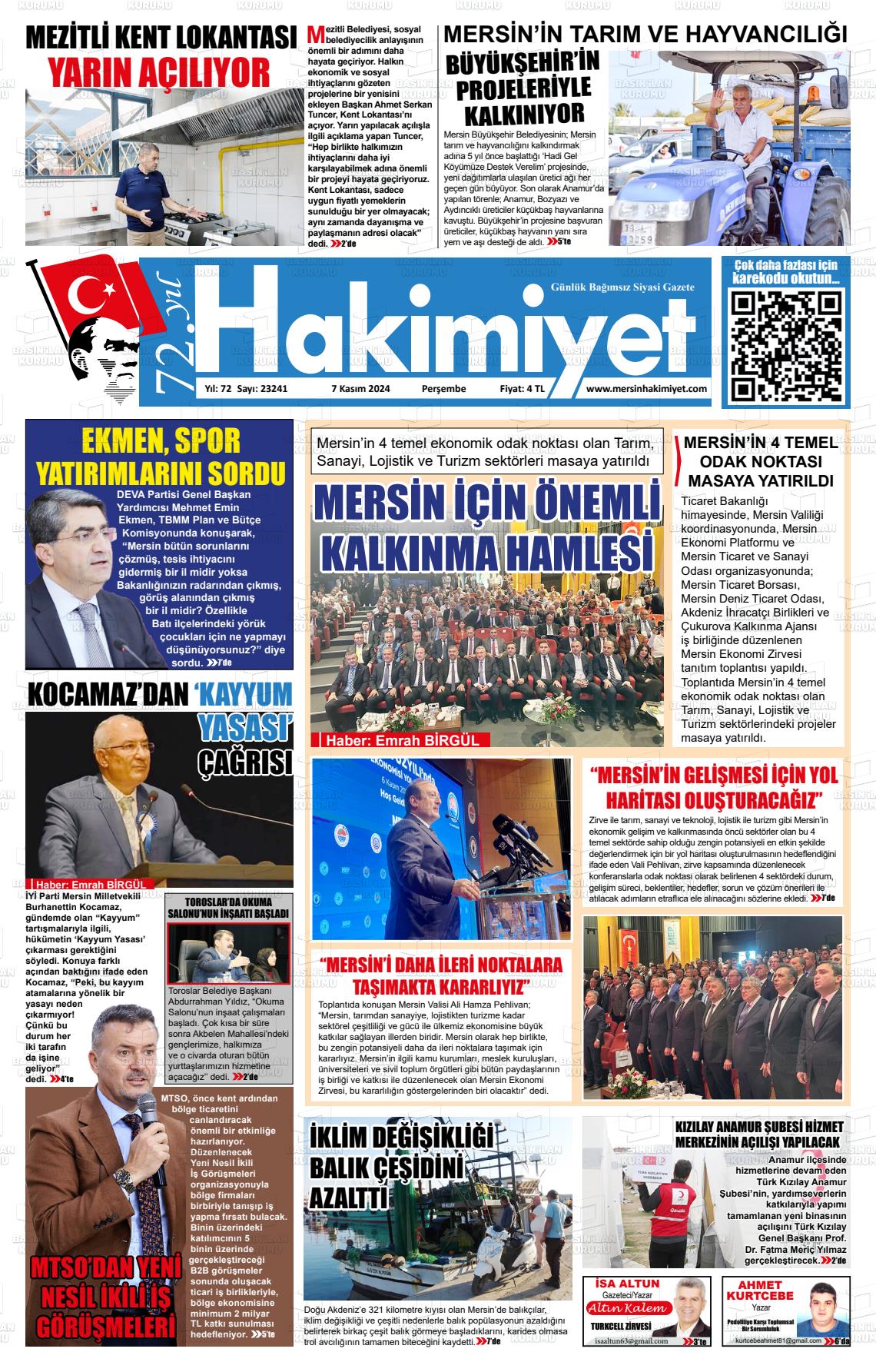 07 Kasım 2024 Mersin Hakimiyet Gazete Manşeti