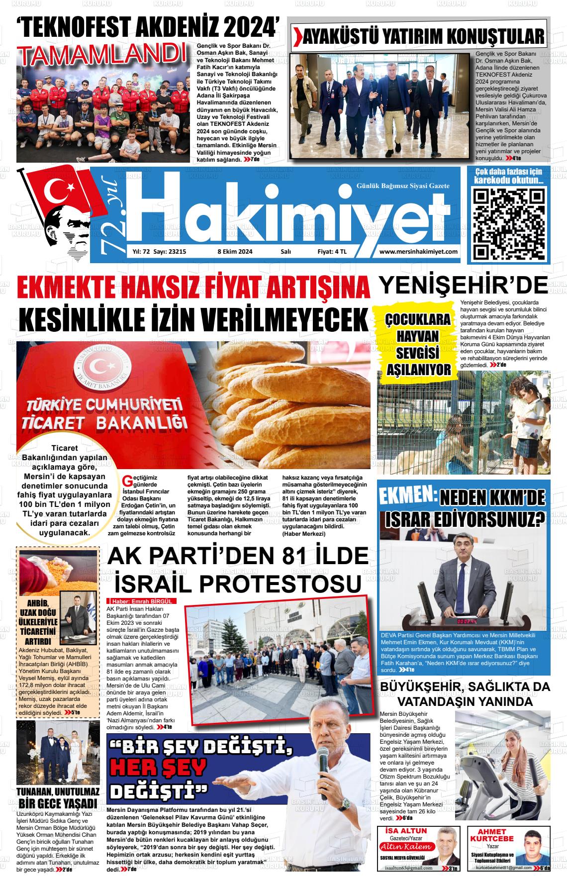 08 Ekim 2024 Mersin Hakimiyet Gazete Manşeti