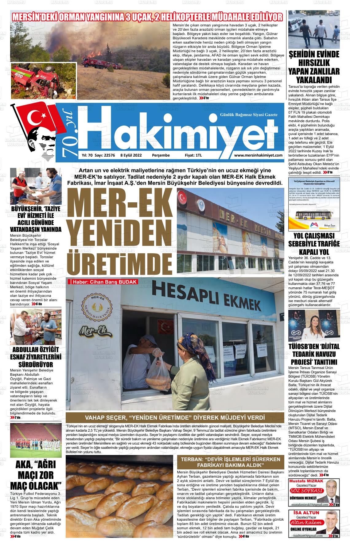 08 Eylül 2022 Mersin Hakimiyet Gazete Manşeti