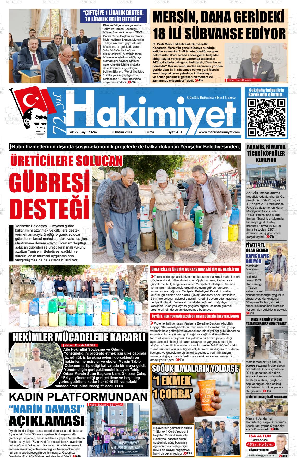 08 Kasım 2024 Mersin Hakimiyet Gazete Manşeti