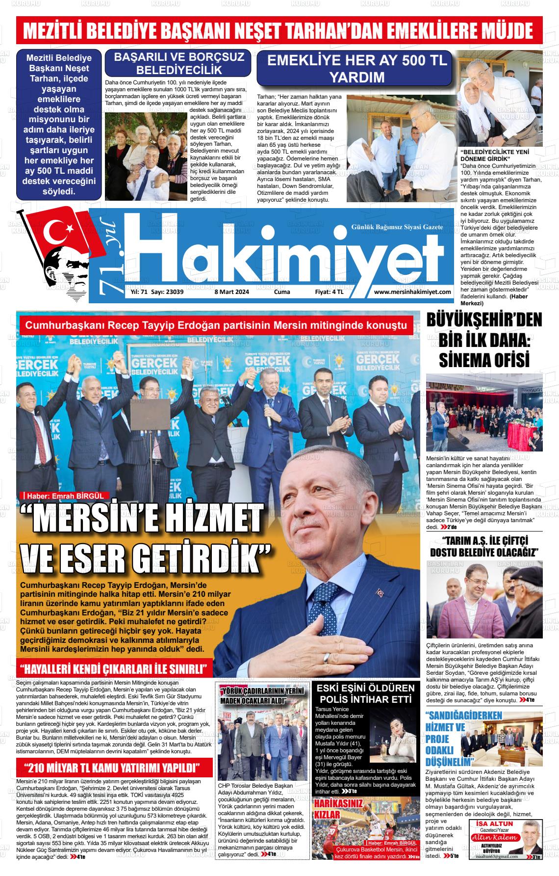 08 Mart 2024 Mersin Hakimiyet Gazete Manşeti