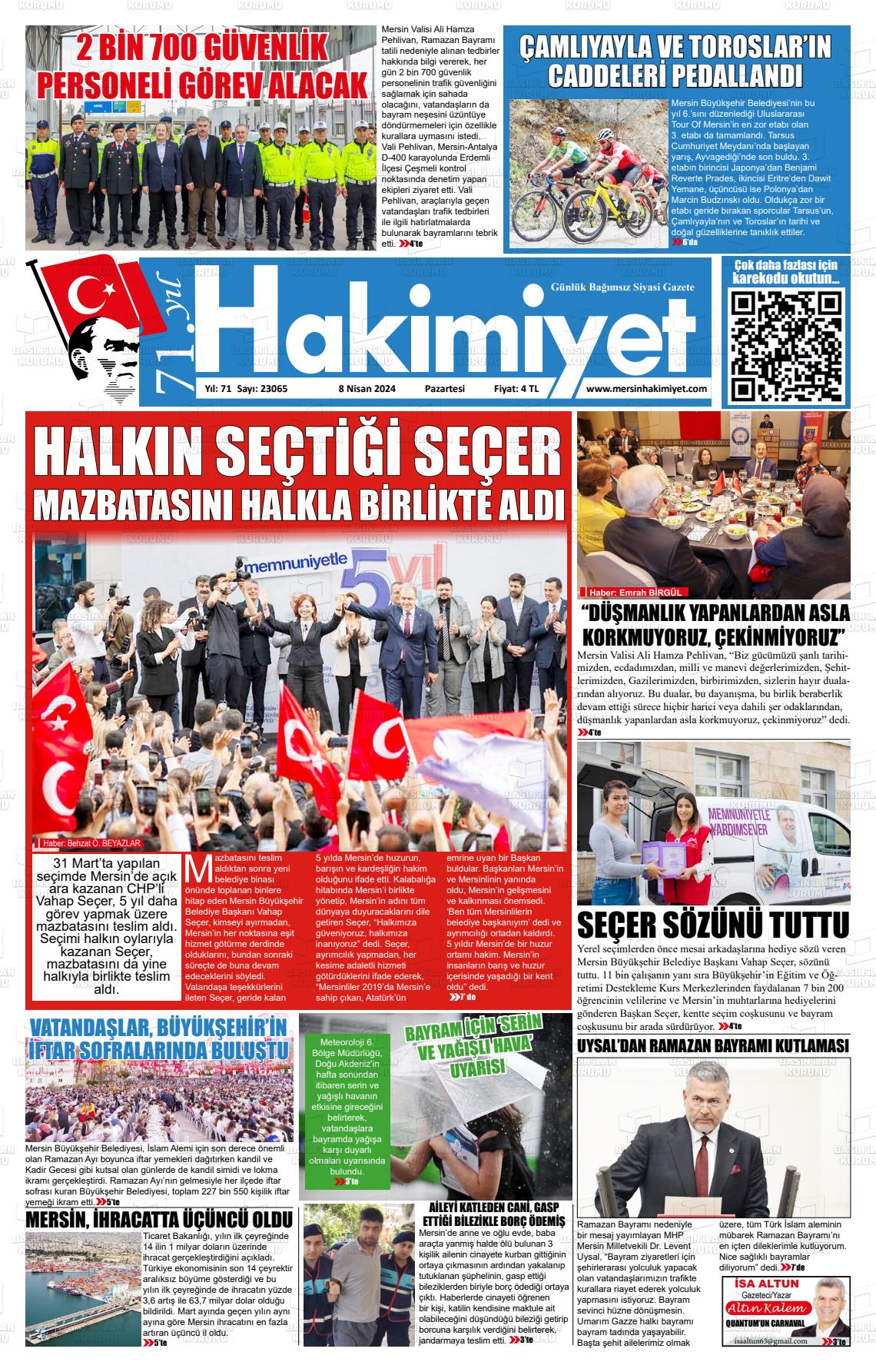 08 Nisan 2024 Mersin Hakimiyet Gazete Manşeti