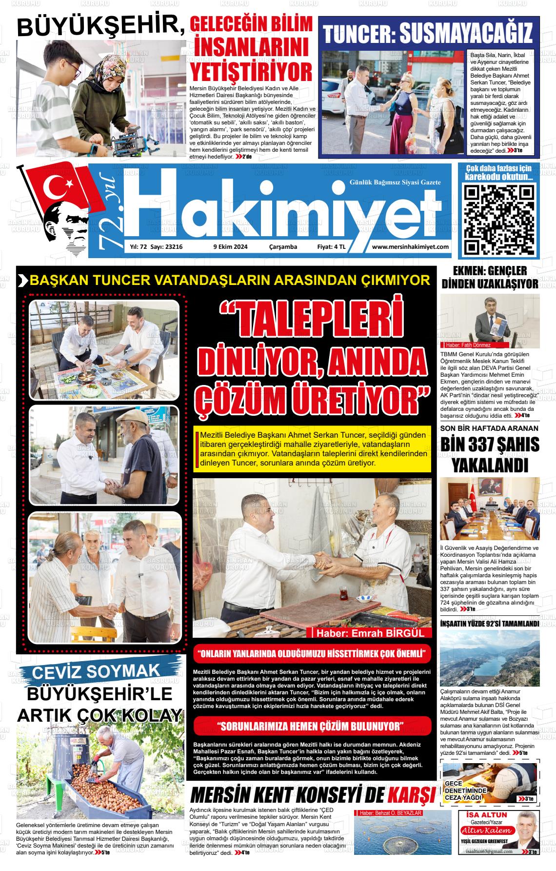 09 Ekim 2024 Mersin Hakimiyet Gazete Manşeti