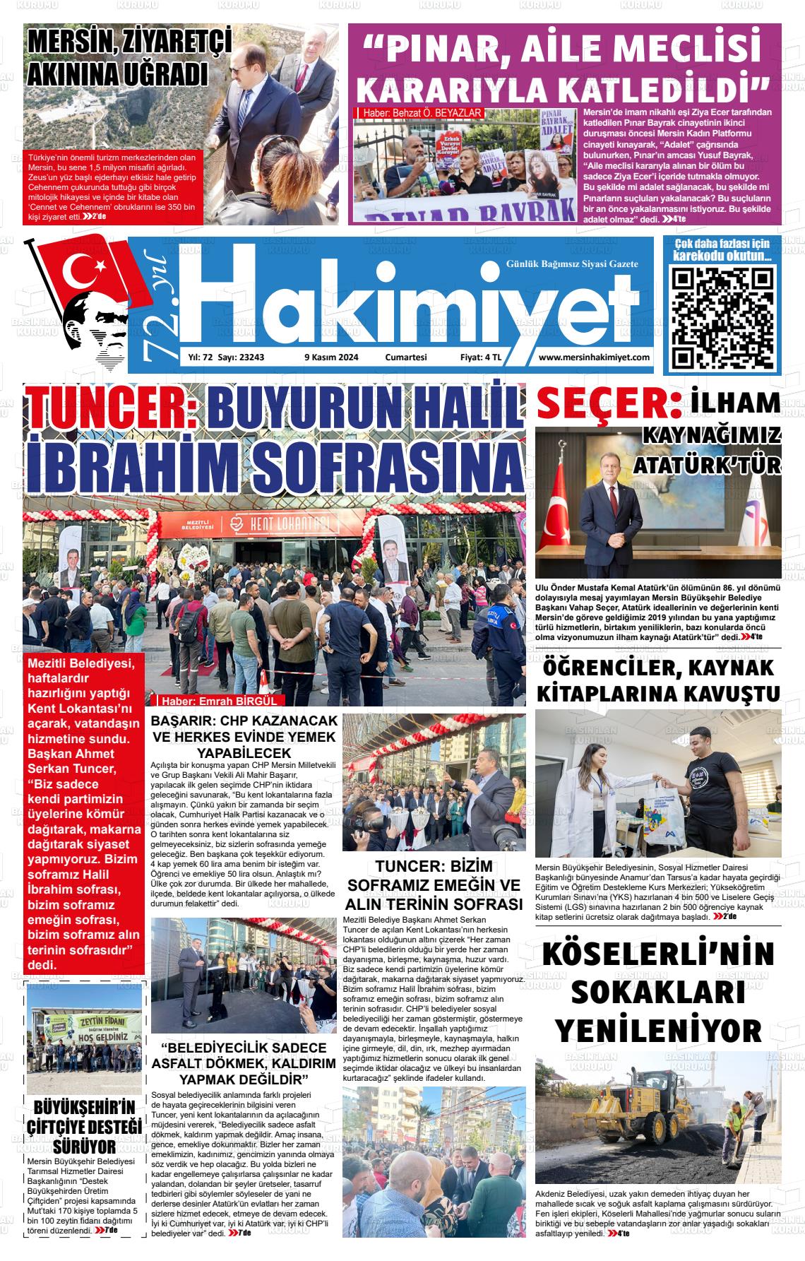 09 Kasım 2024 Mersin Hakimiyet Gazete Manşeti