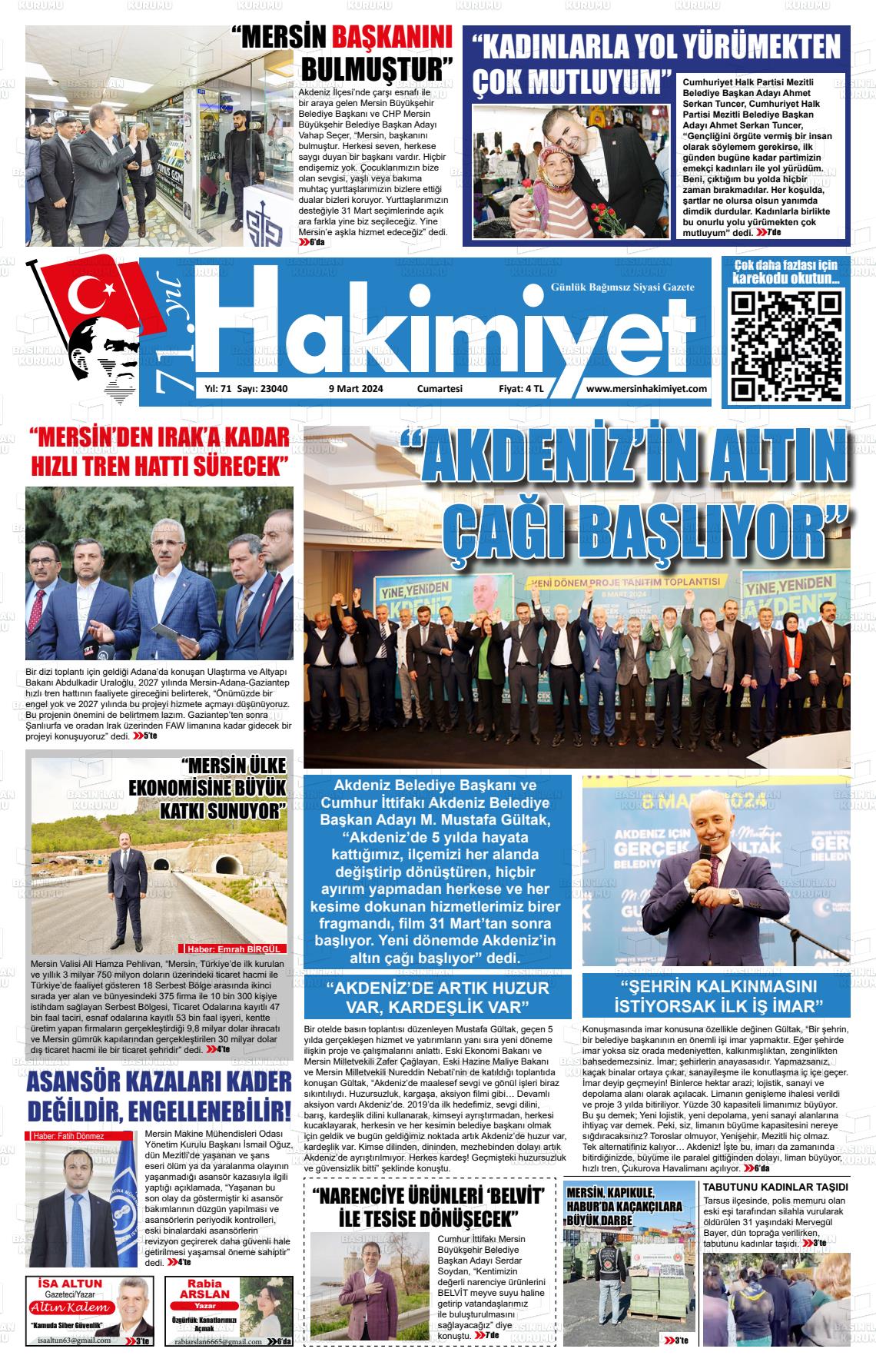 09 Mart 2024 Mersin Hakimiyet Gazete Manşeti