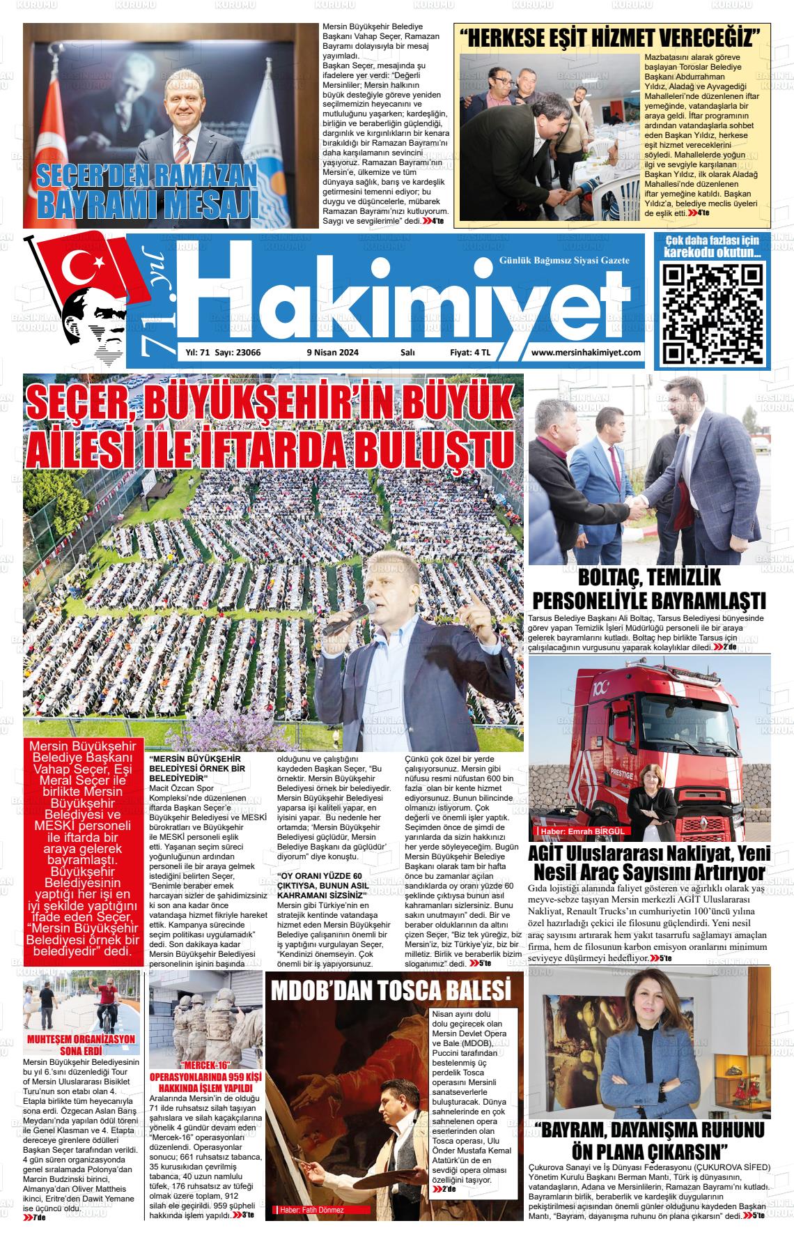 09 Nisan 2024 Mersin Hakimiyet Gazete Manşeti