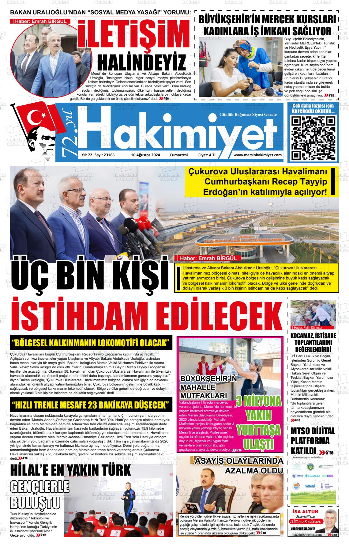 10 Ağustos 2024 Mersin Hakimiyet Gazete Manşeti