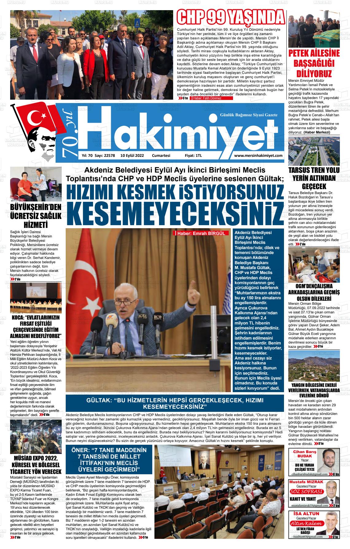 08 Kasım 2022 Mersin Hakimiyet Gazete Manşeti