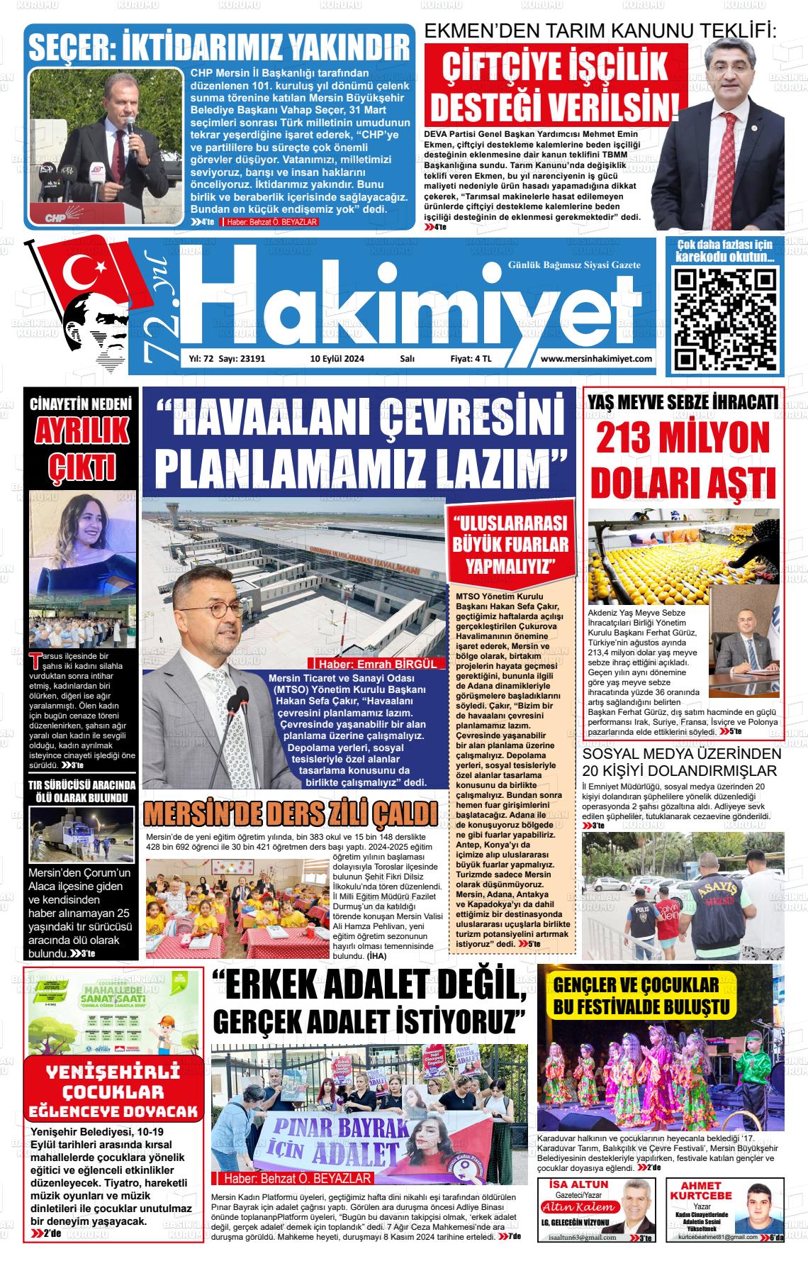 10 Eylül 2024 Mersin Hakimiyet Gazete Manşeti