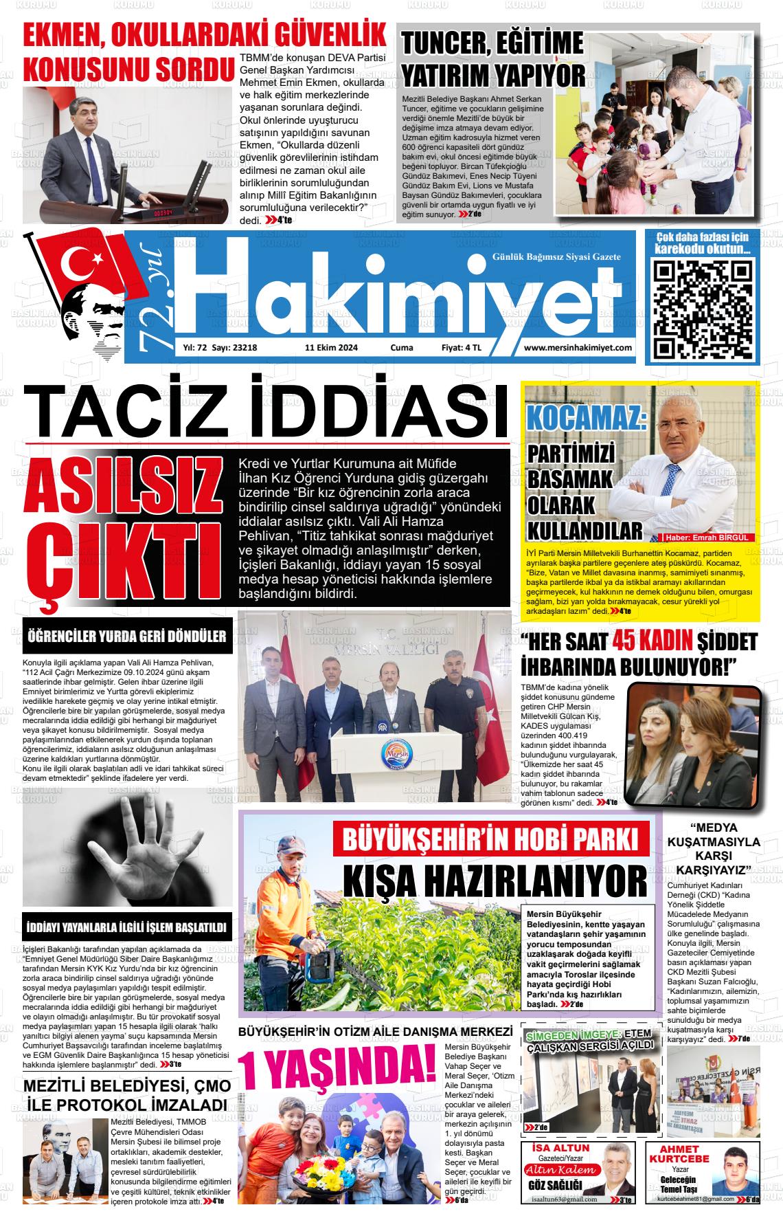 11 Ekim 2024 Mersin Hakimiyet Gazete Manşeti