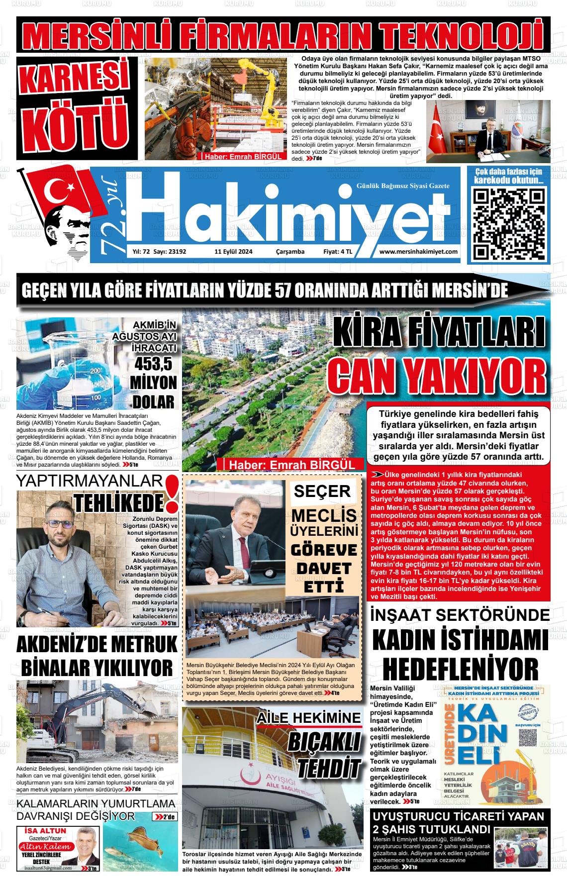 11 Eylül 2024 Mersin Hakimiyet Gazete Manşeti