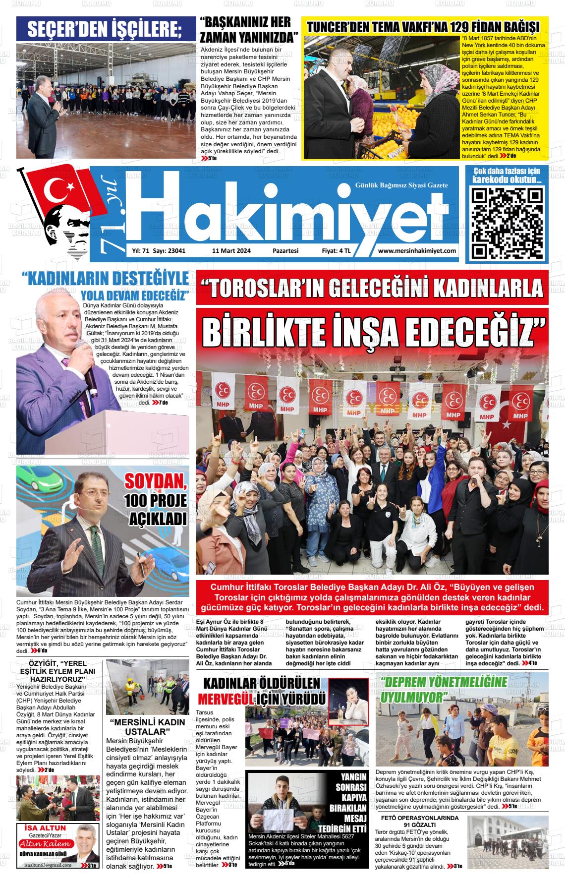 11 Mart 2024 Mersin Hakimiyet Gazete Manşeti