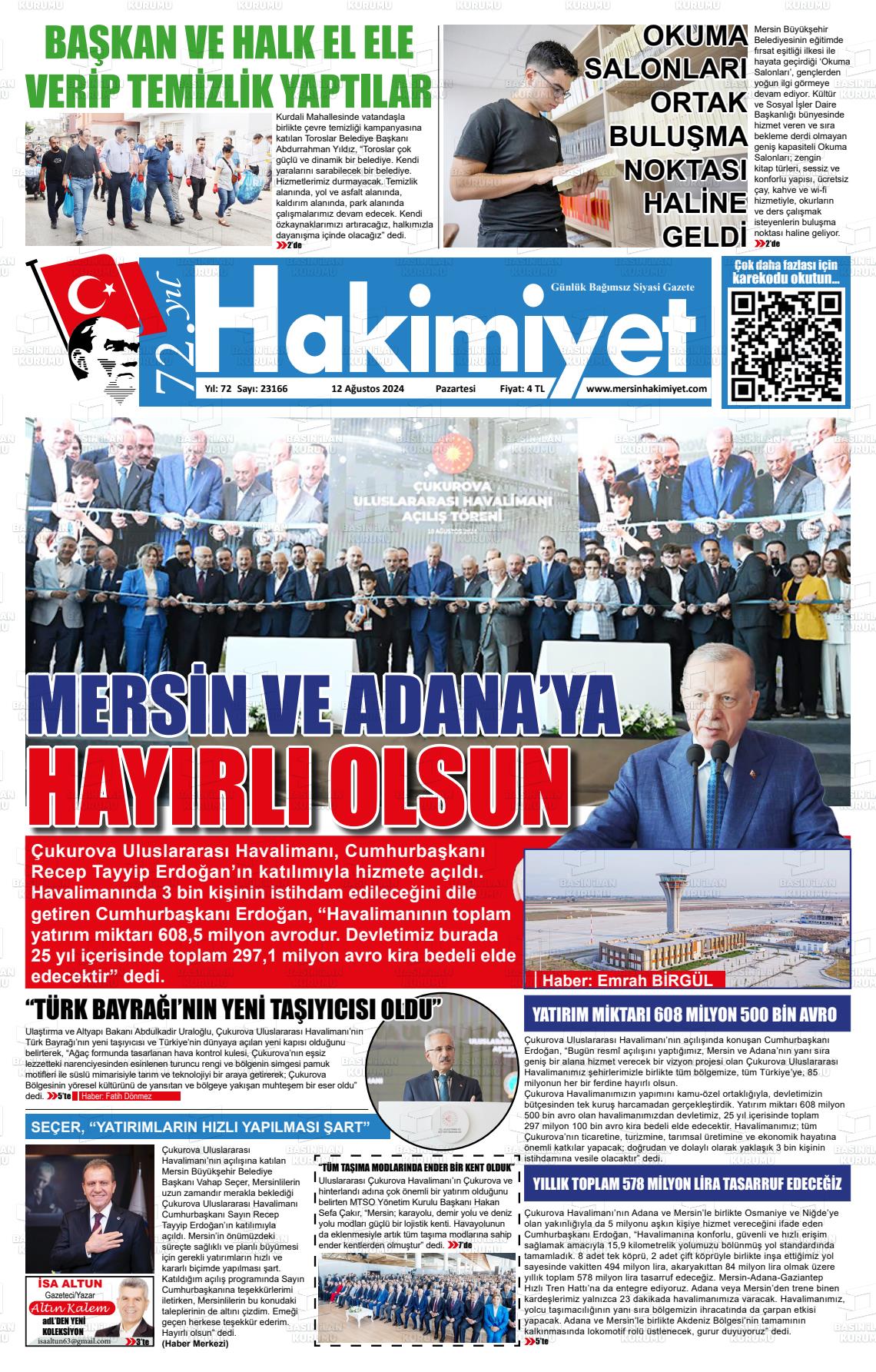 12 Ağustos 2024 Mersin Hakimiyet Gazete Manşeti