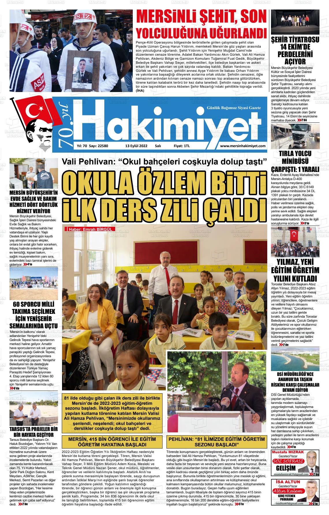 11 Kasım 2022 Mersin Hakimiyet Gazete Manşeti