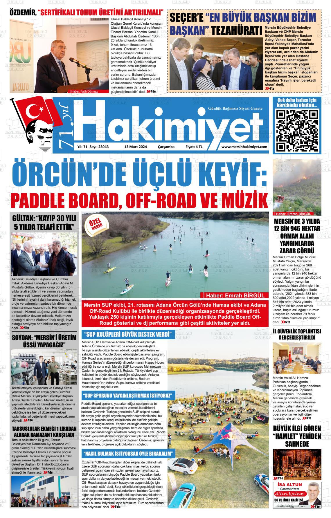 13 Mart 2024 Mersin Hakimiyet Gazete Manşeti