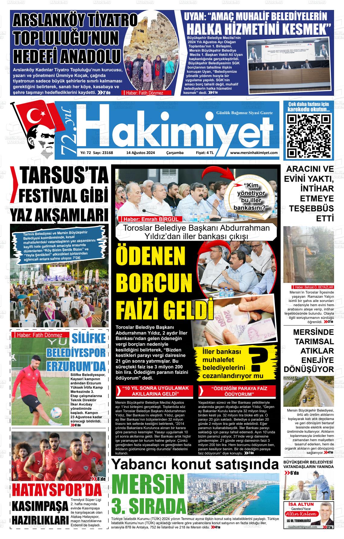 14 Ağustos 2024 Mersin Hakimiyet Gazete Manşeti