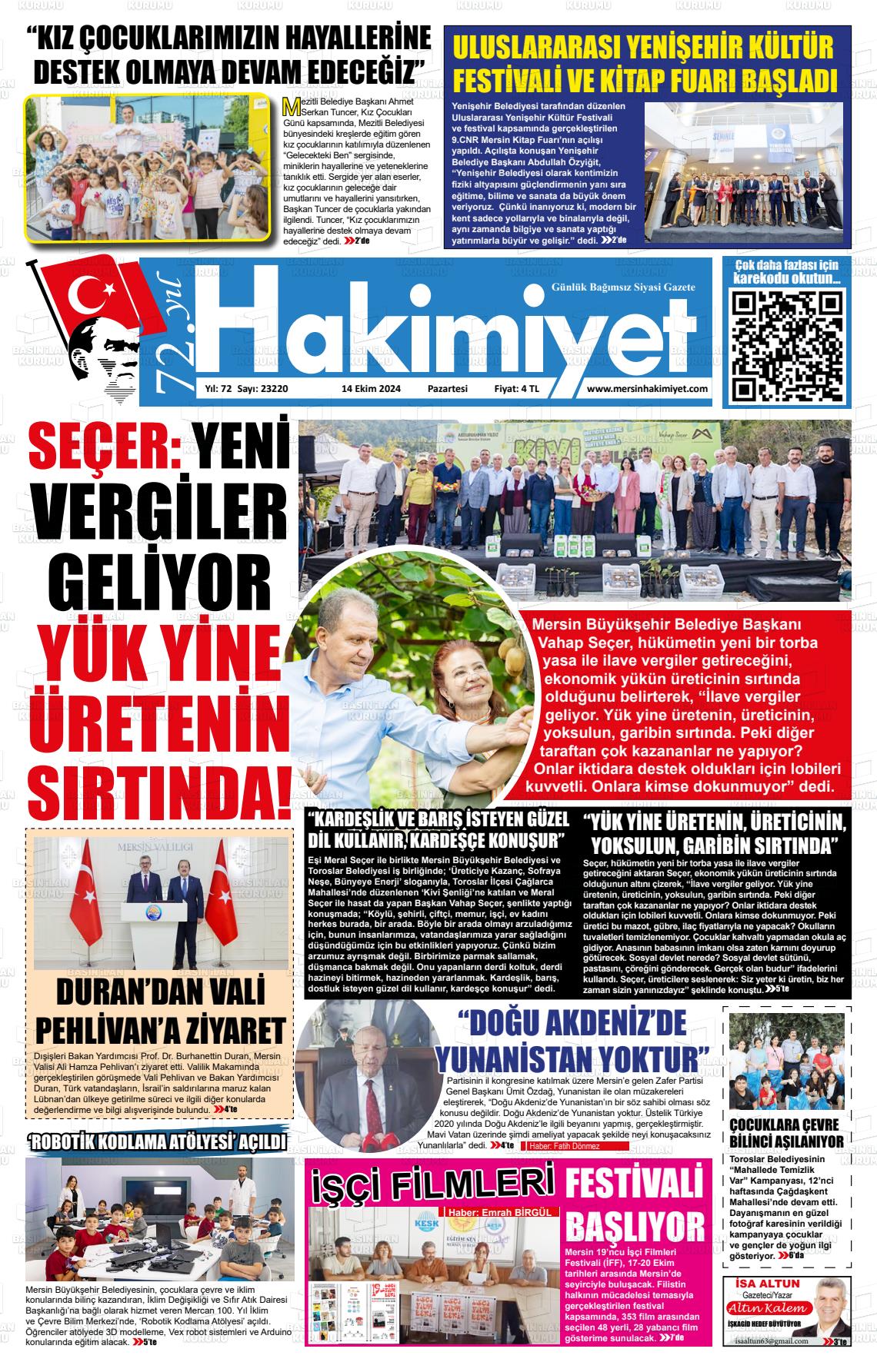 14 Ekim 2024 Mersin Hakimiyet Gazete Manşeti