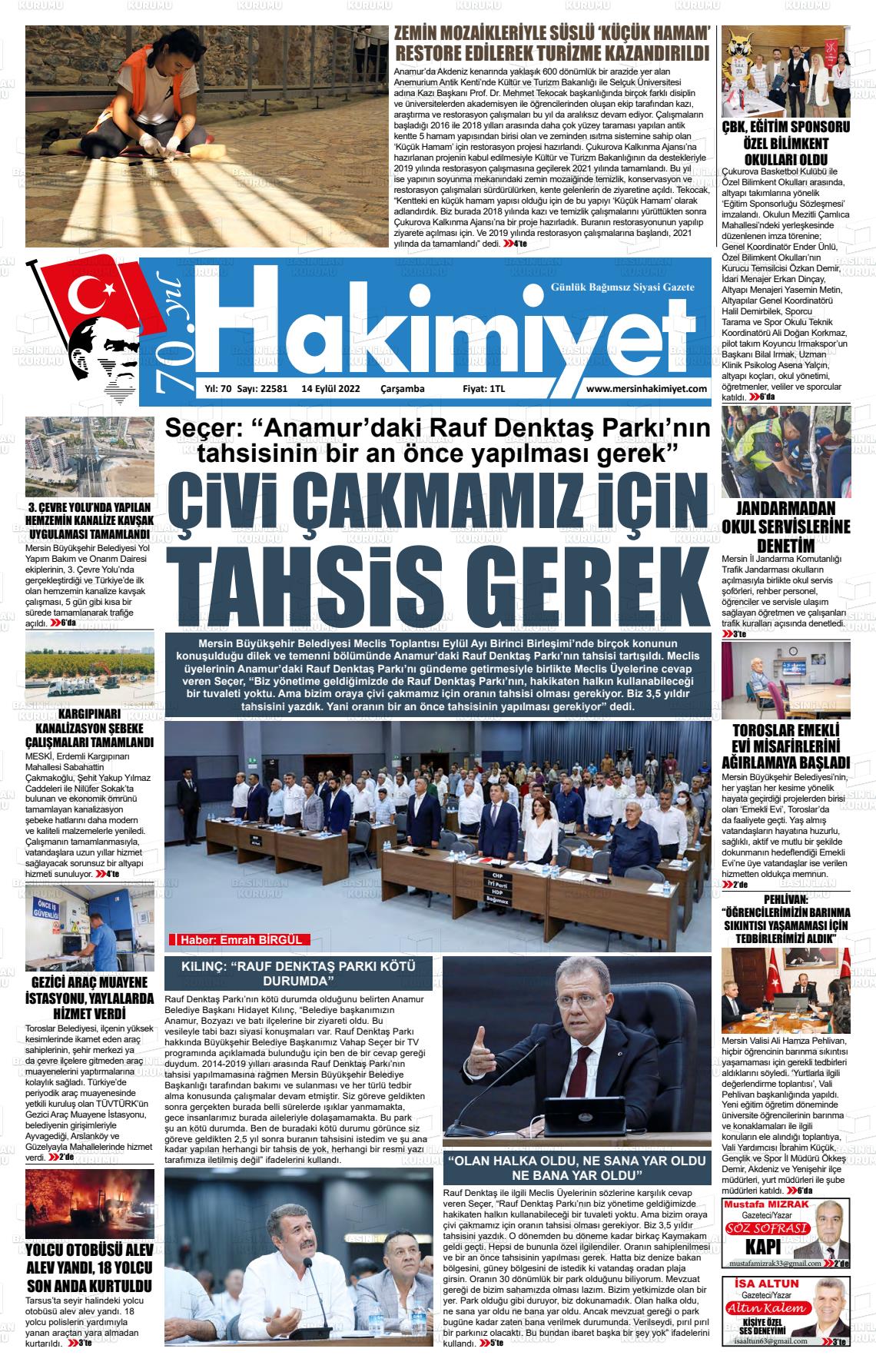 14 Eylül 2022 Mersin Hakimiyet Gazete Manşeti