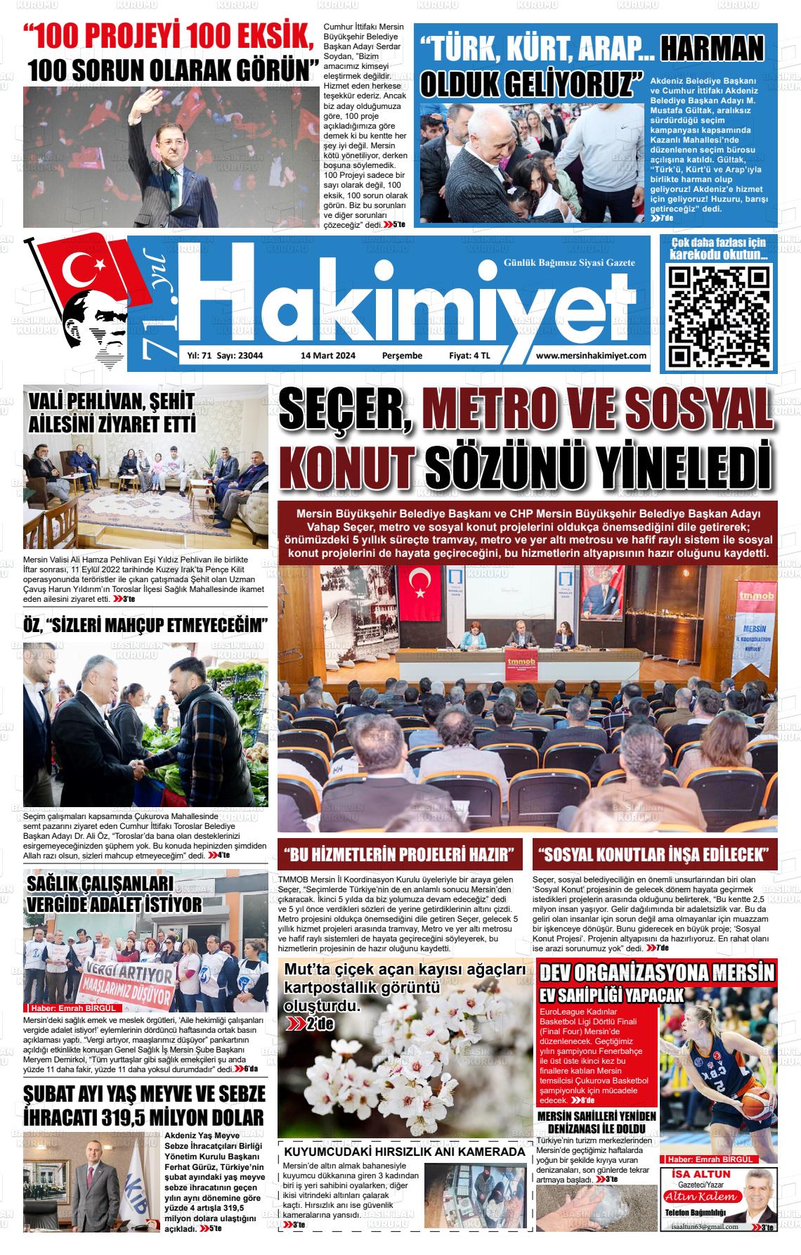 14 Mart 2024 Mersin Hakimiyet Gazete Manşeti