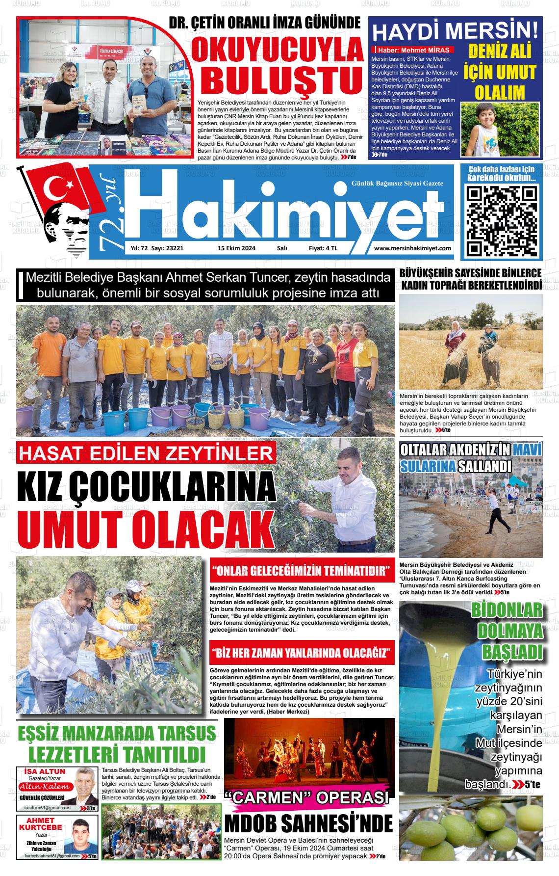 15 Ekim 2024 Mersin Hakimiyet Gazete Manşeti