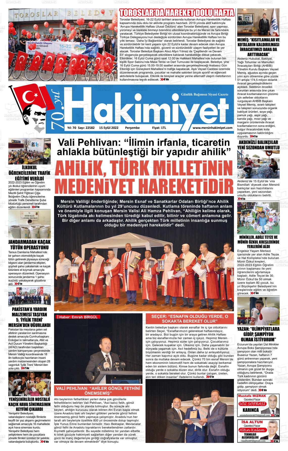 13 Kasım 2022 Mersin Hakimiyet Gazete Manşeti