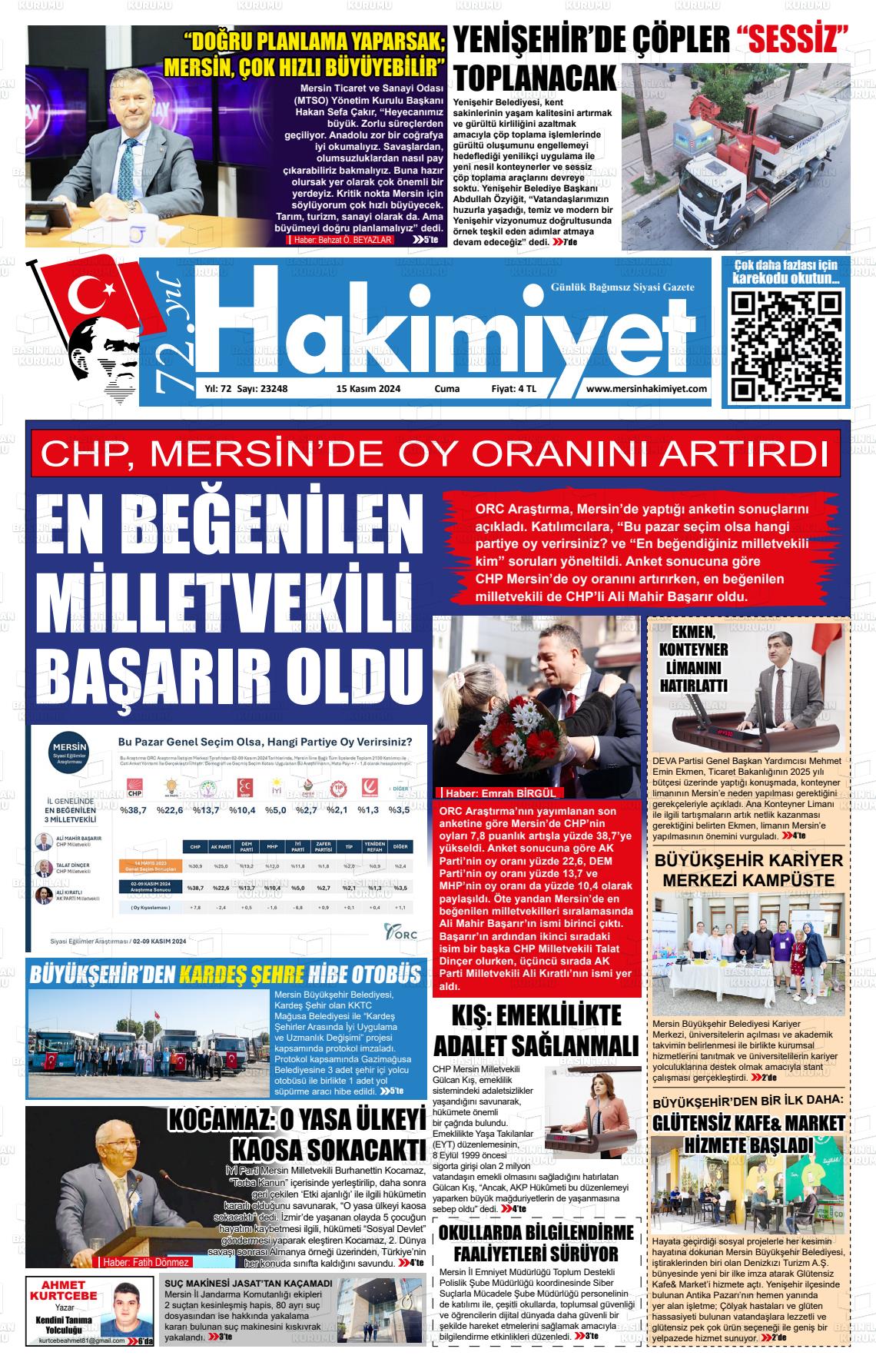 15 Kasım 2024 Mersin Hakimiyet Gazete Manşeti