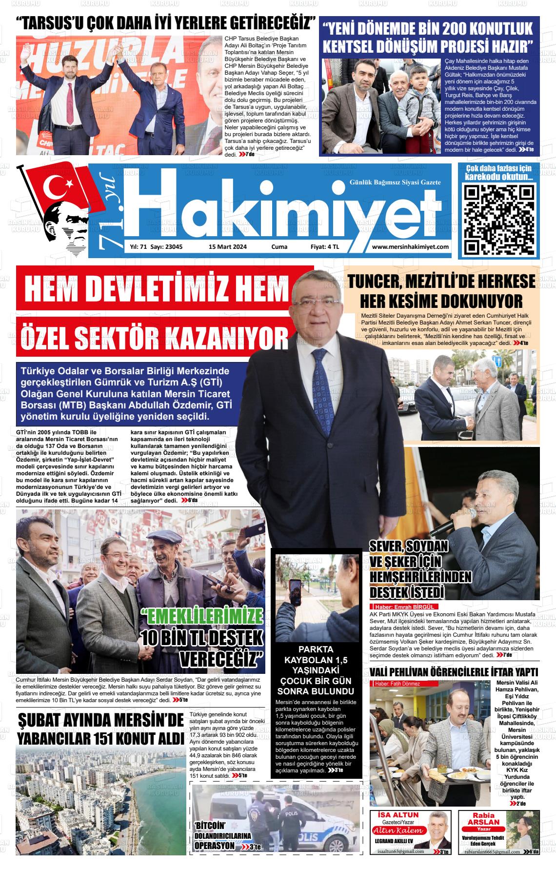 15 Mart 2024 Mersin Hakimiyet Gazete Manşeti