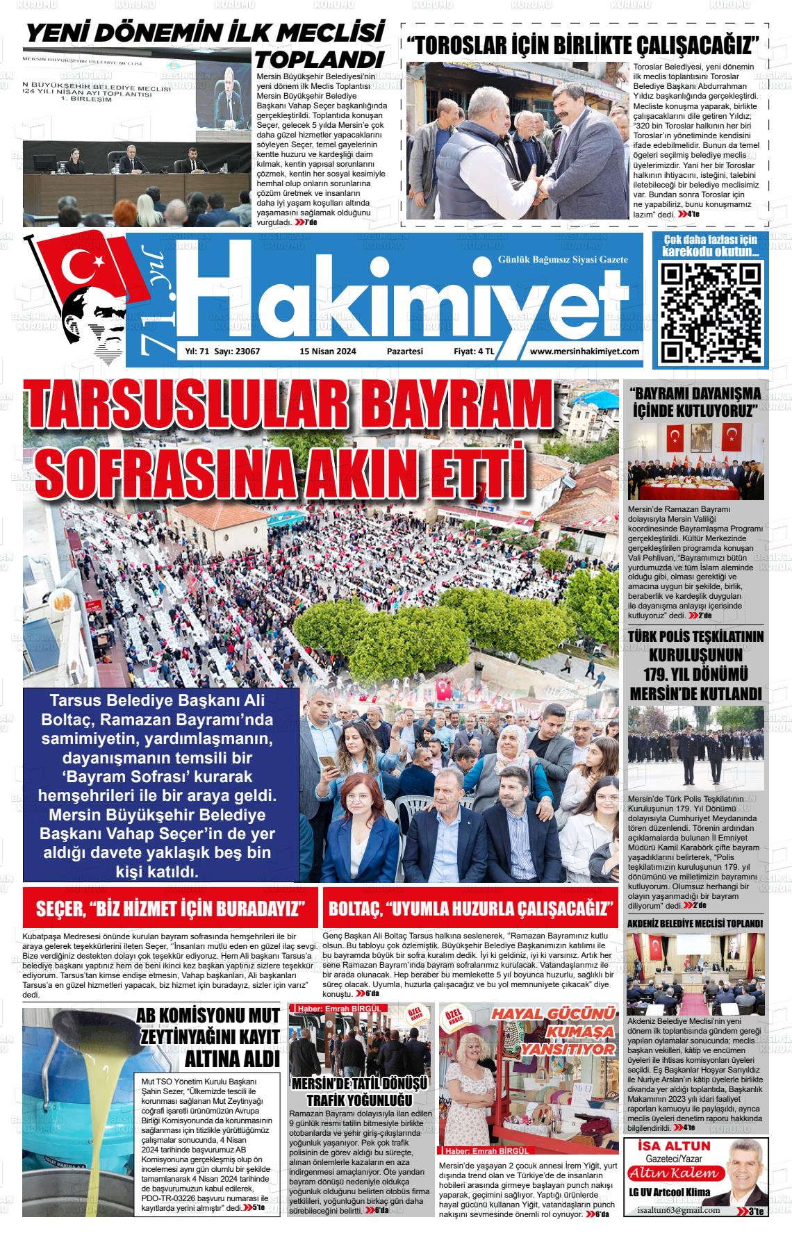 15 Nisan 2024 Mersin Hakimiyet Gazete Manşeti