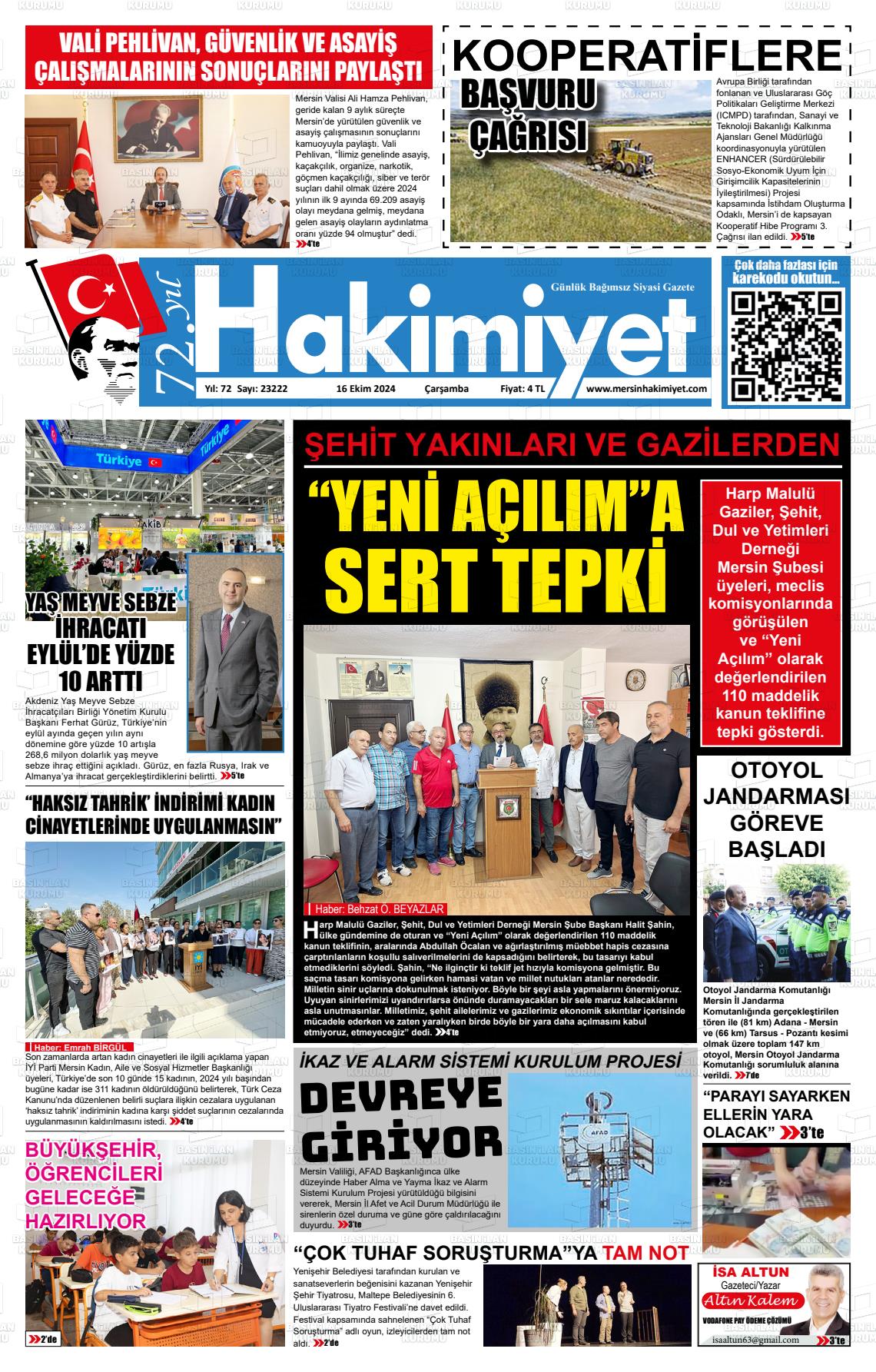 16 Ekim 2024 Mersin Hakimiyet Gazete Manşeti