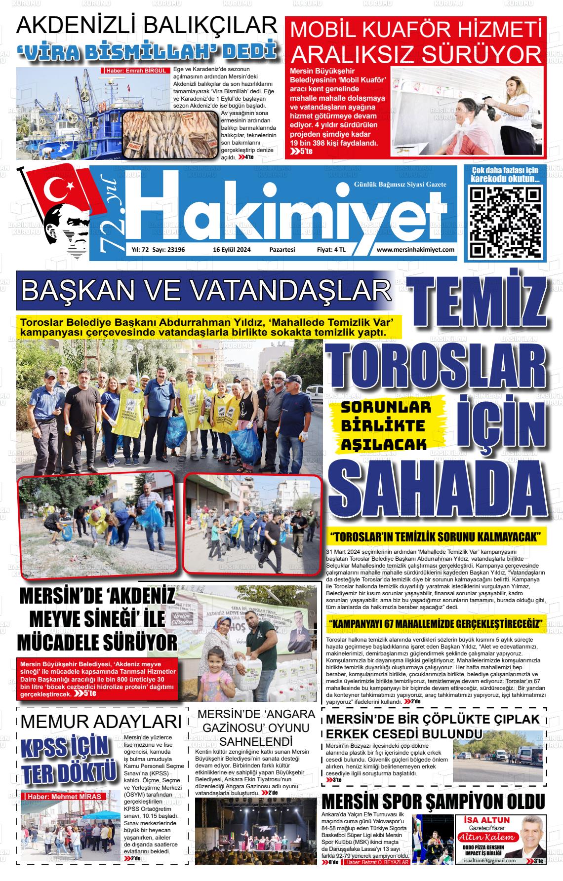 16 Eylül 2024 Mersin Hakimiyet Gazete Manşeti