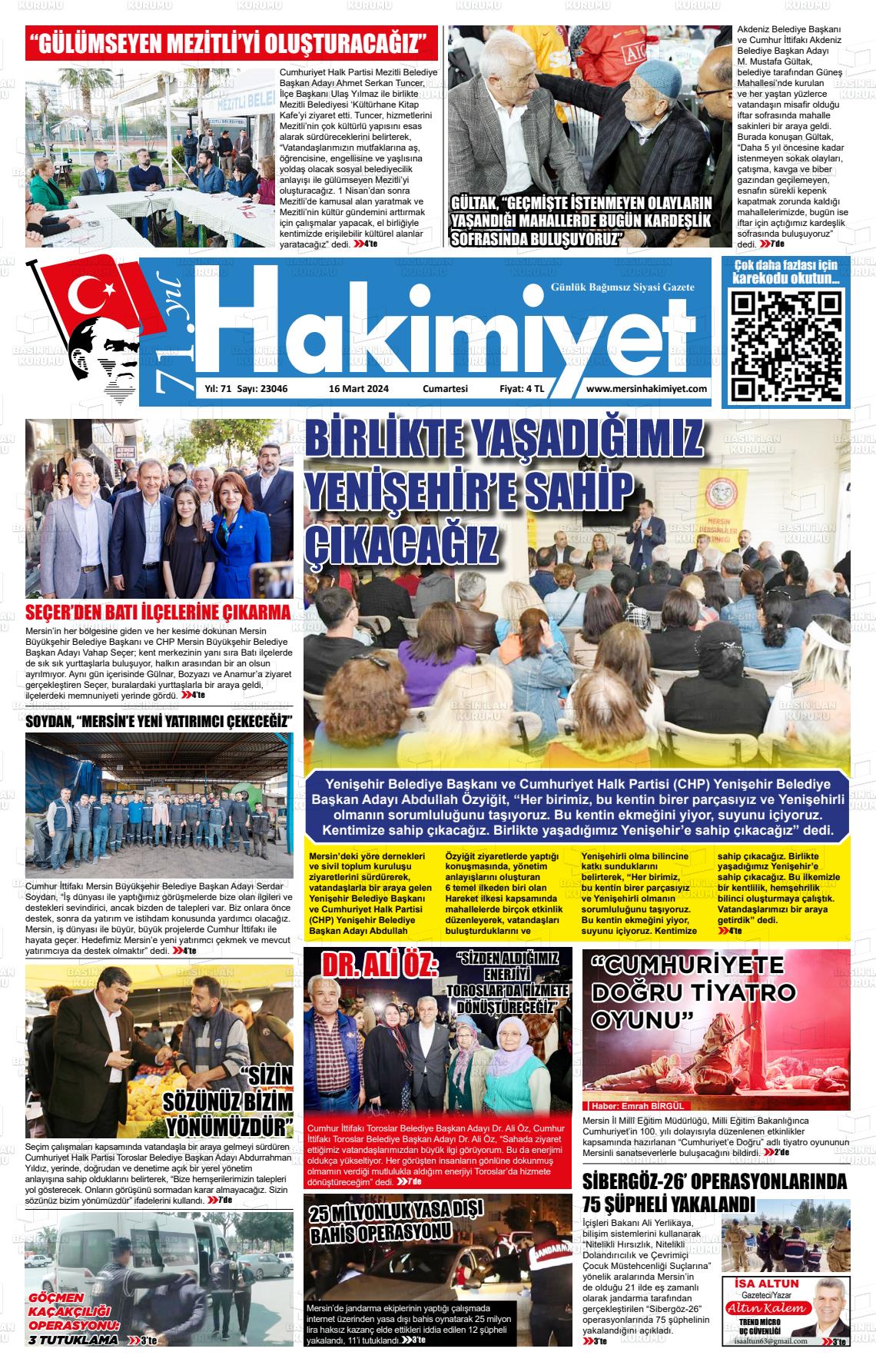 16 Mart 2024 Mersin Hakimiyet Gazete Manşeti