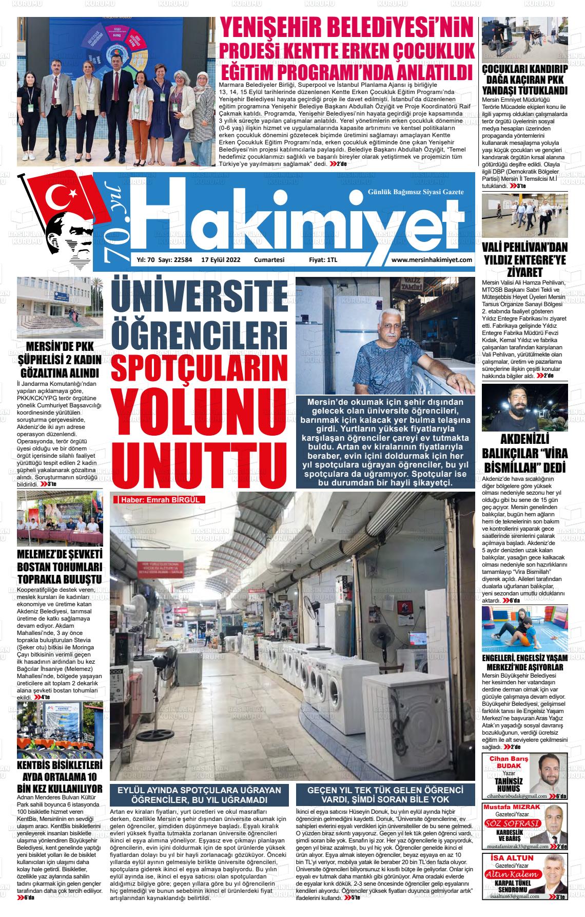 15 Kasım 2022 Mersin Hakimiyet Gazete Manşeti