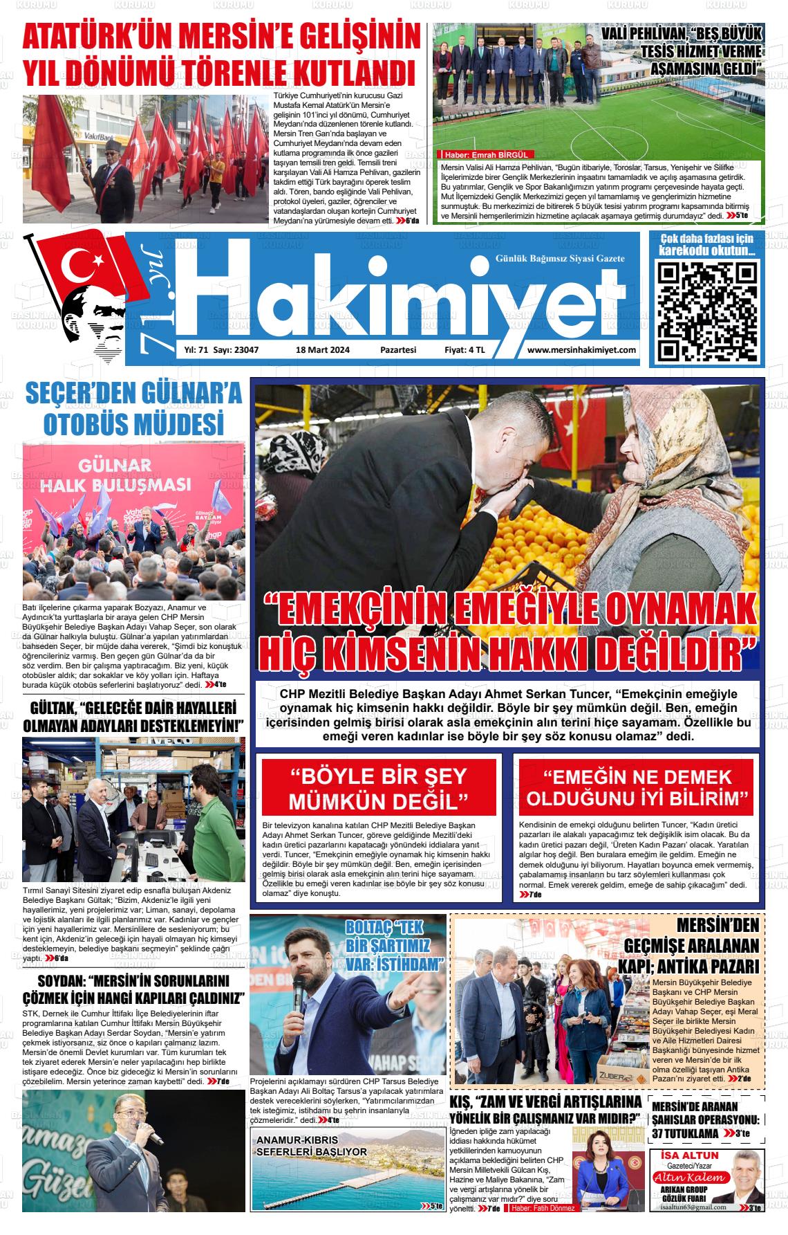 18 Mart 2024 Mersin Hakimiyet Gazete Manşeti