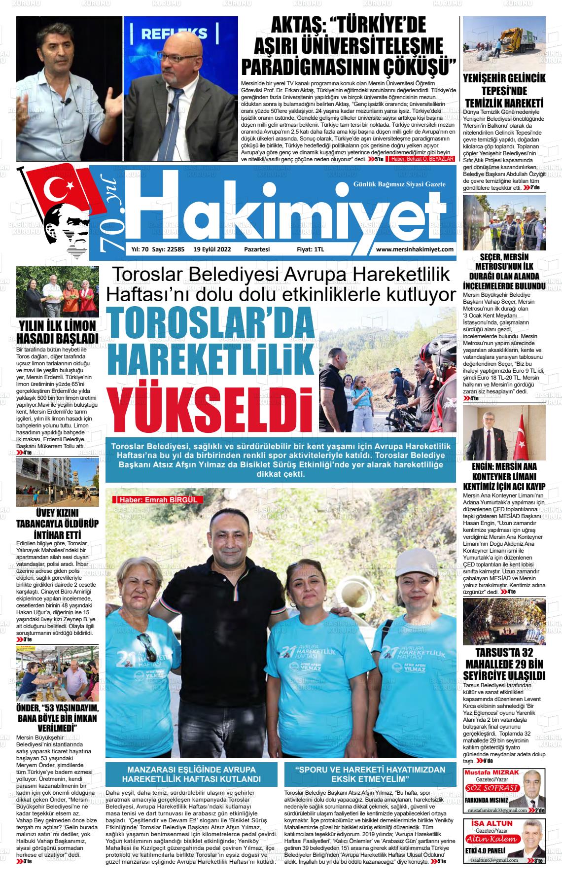 17 Kasım 2022 Mersin Hakimiyet Gazete Manşeti