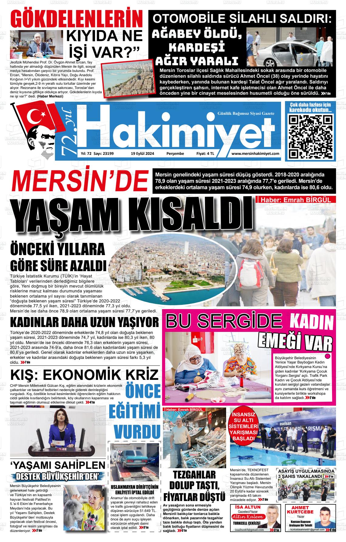 19 Eylül 2024 Mersin Hakimiyet Gazete Manşeti