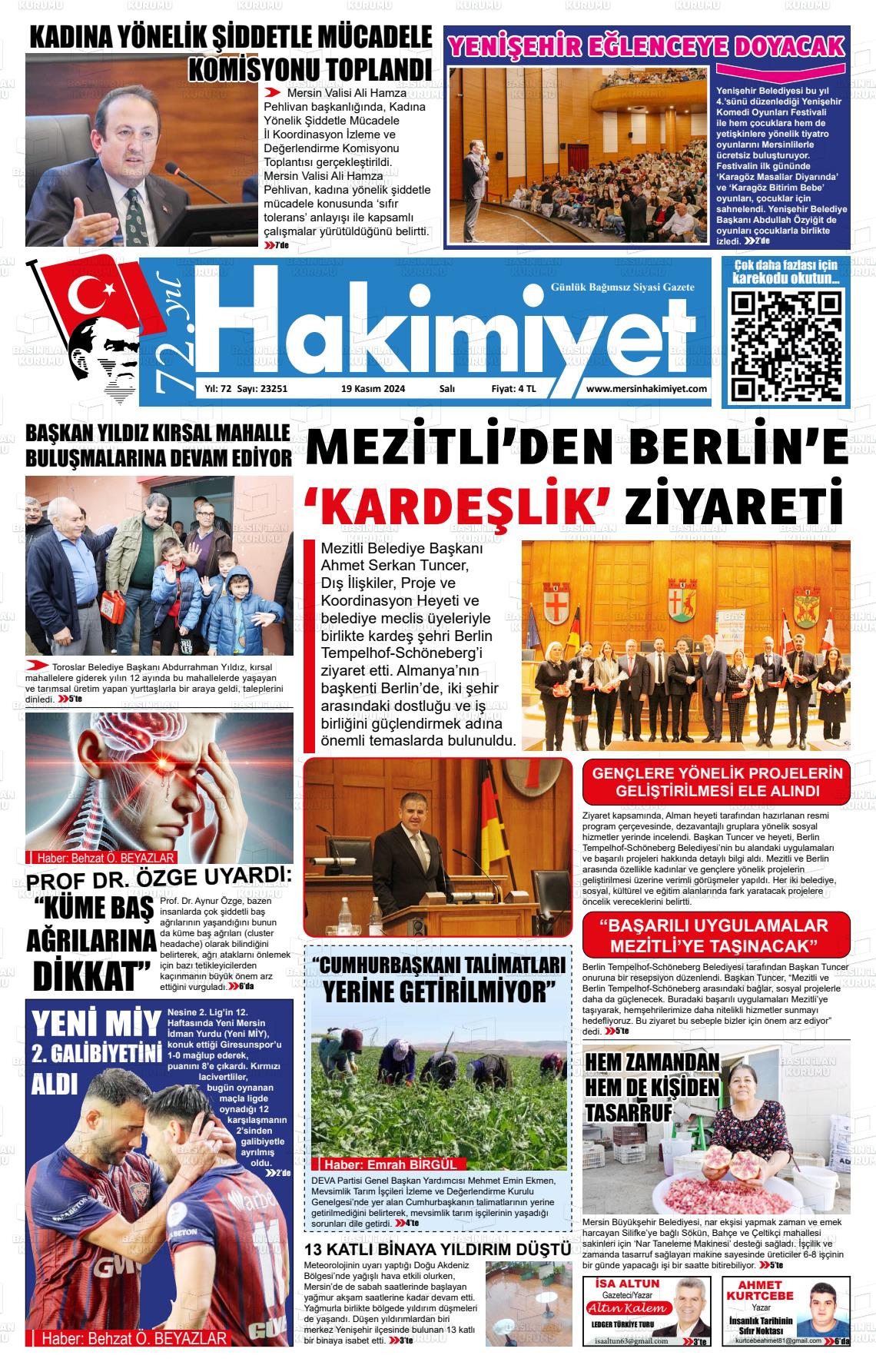 19 Kasım 2024 Mersin Hakimiyet Gazete Manşeti