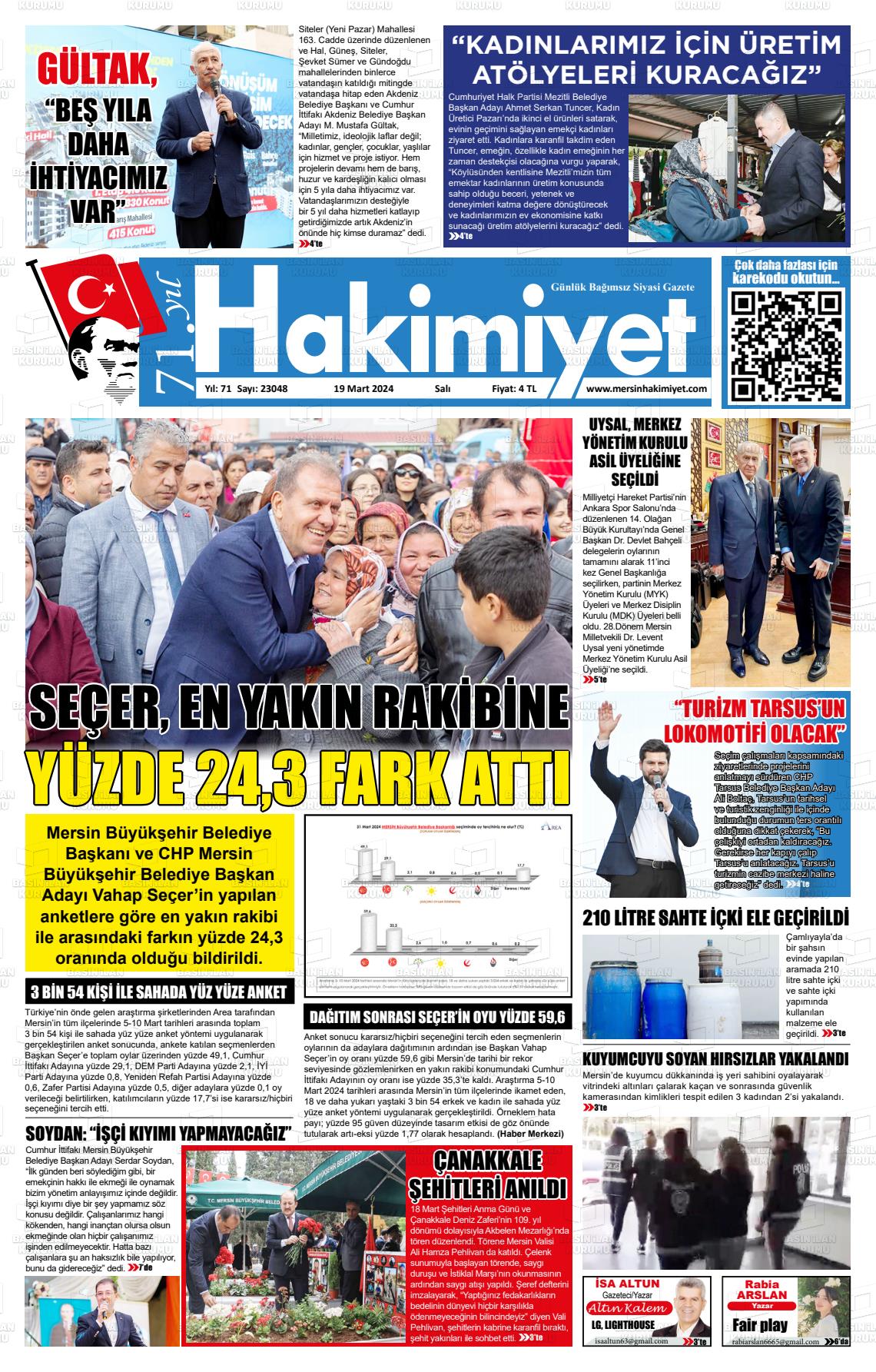 19 Mart 2024 Mersin Hakimiyet Gazete Manşeti