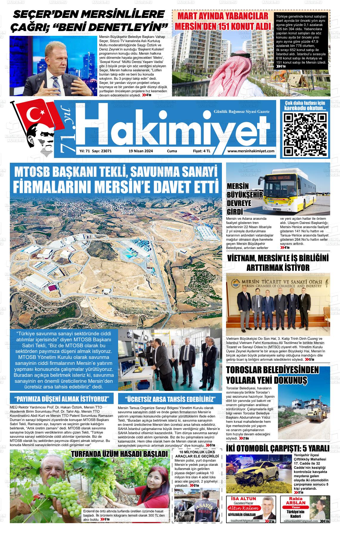 19 Nisan 2024 Mersin Hakimiyet Gazete Manşeti