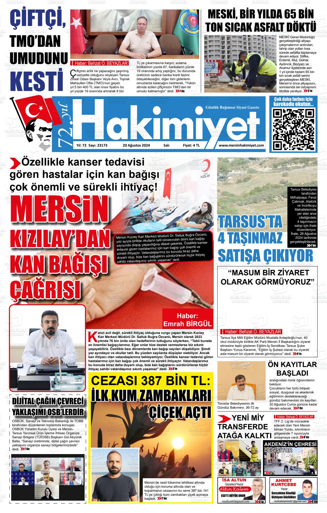 20 Ağustos 2024 Mersin Hakimiyet Gazete Manşeti