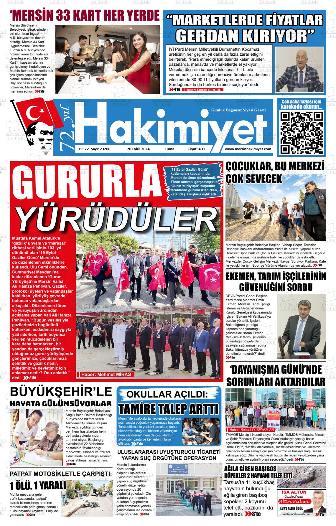 20 Eylül 2024 Mersin Hakimiyet Gazete Manşeti