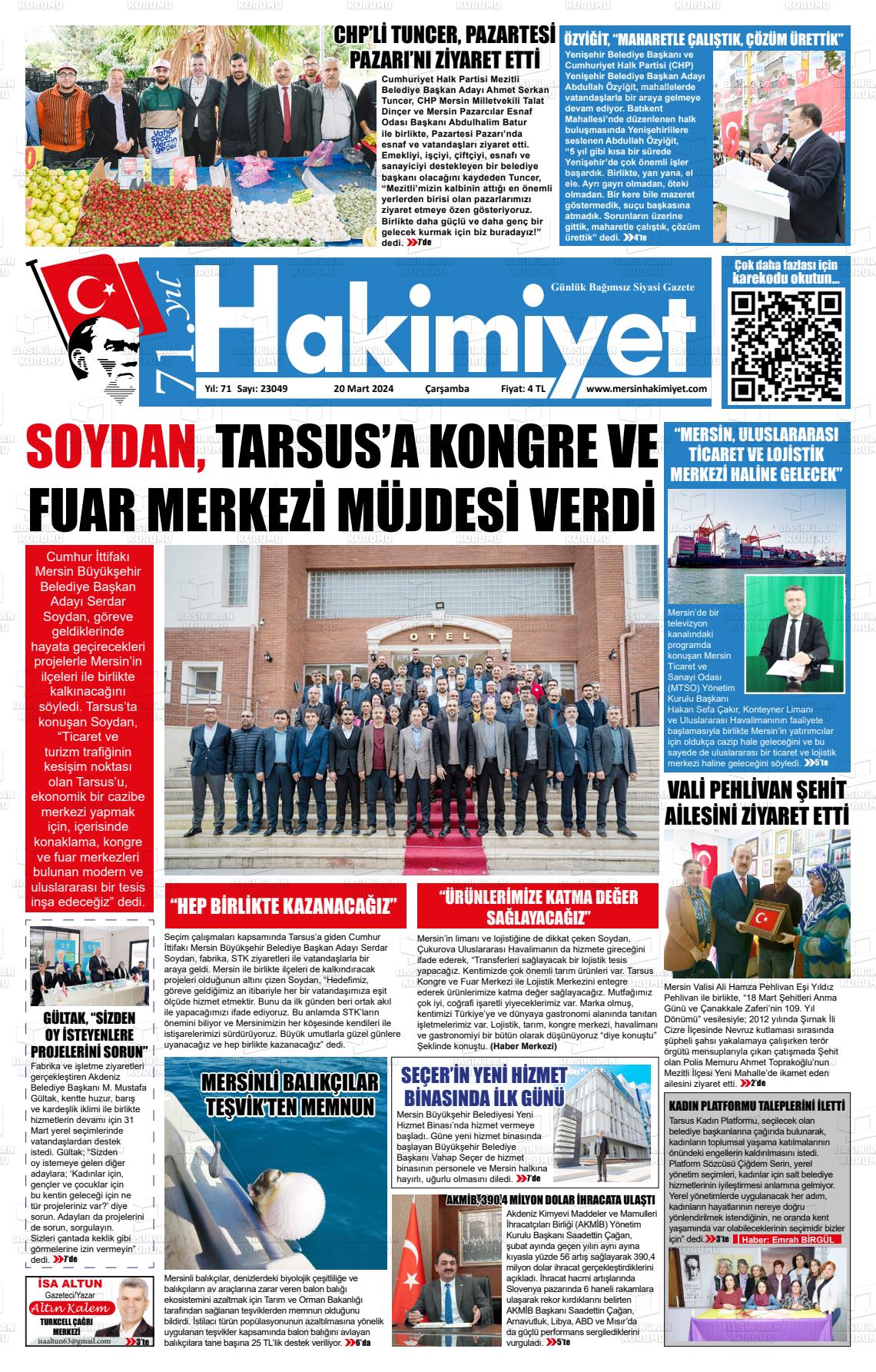 20 Mart 2024 Mersin Hakimiyet Gazete Manşeti