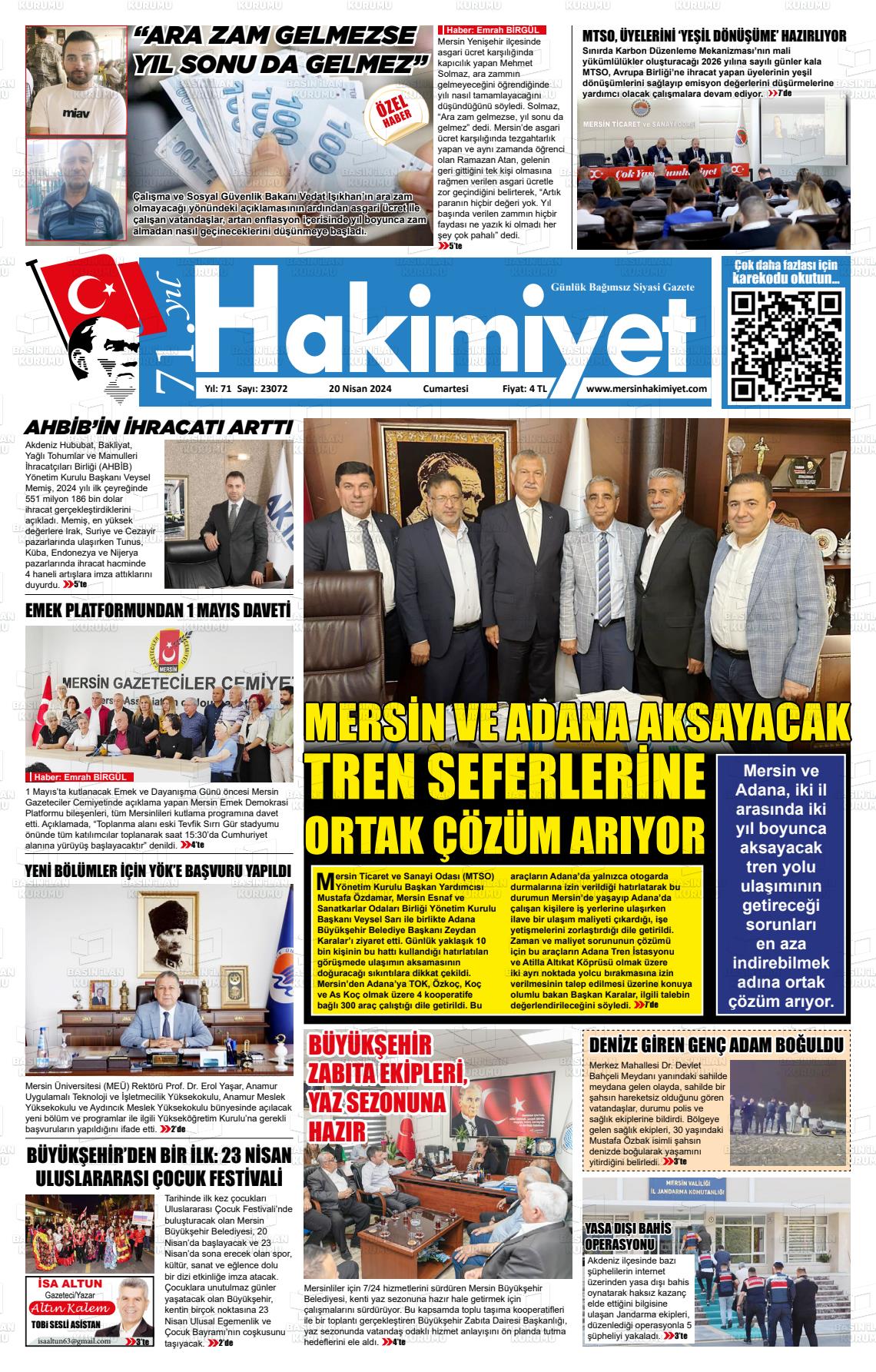 20 Nisan 2024 Mersin Hakimiyet Gazete Manşeti