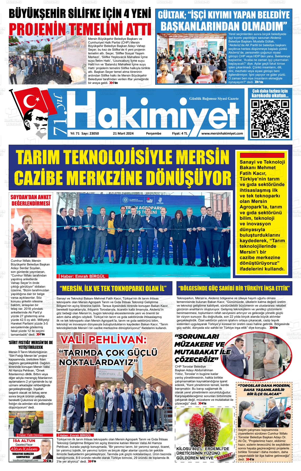 21 Mart 2024 Mersin Hakimiyet Gazete Manşeti