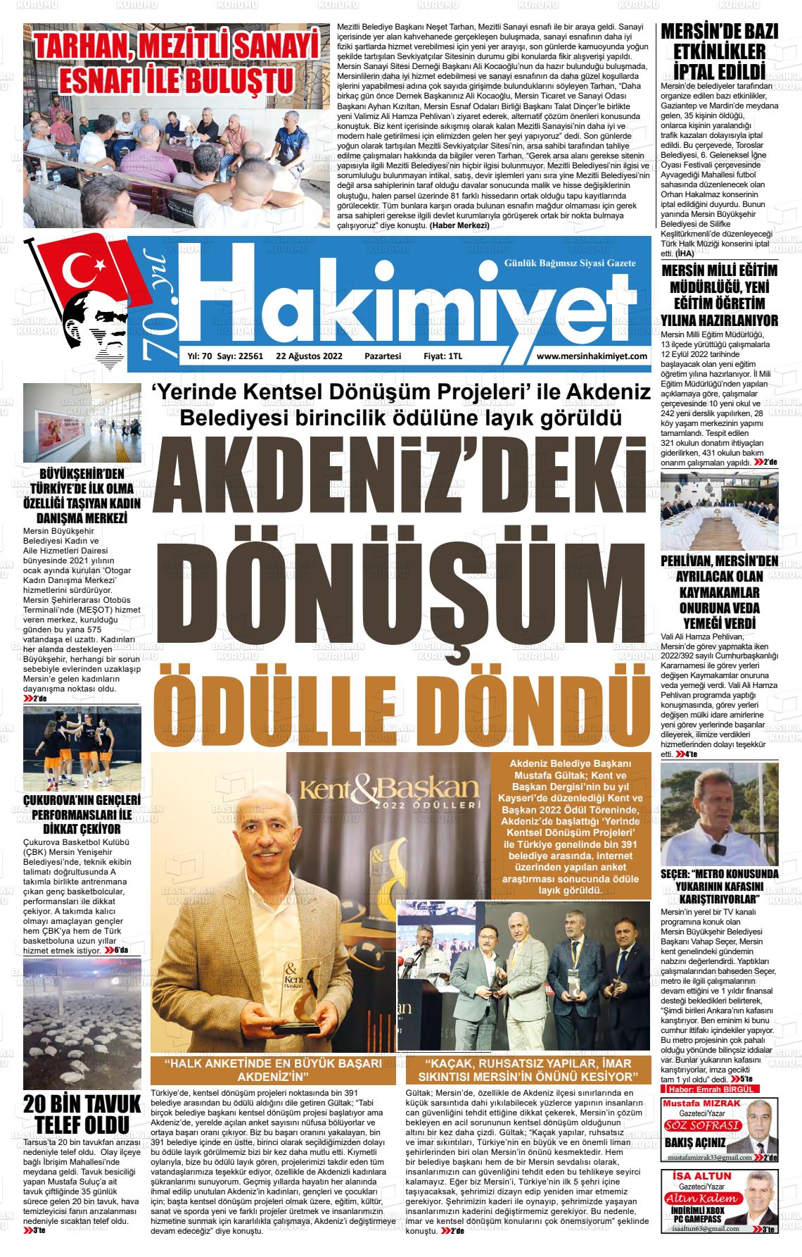 20 Ekim 2022 Mersin Hakimiyet Gazete Manşeti