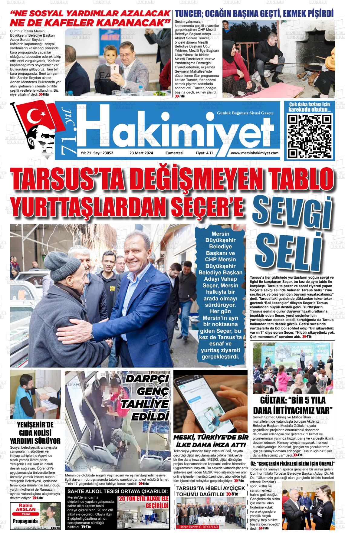 23 Mart 2024 Mersin Hakimiyet Gazete Manşeti