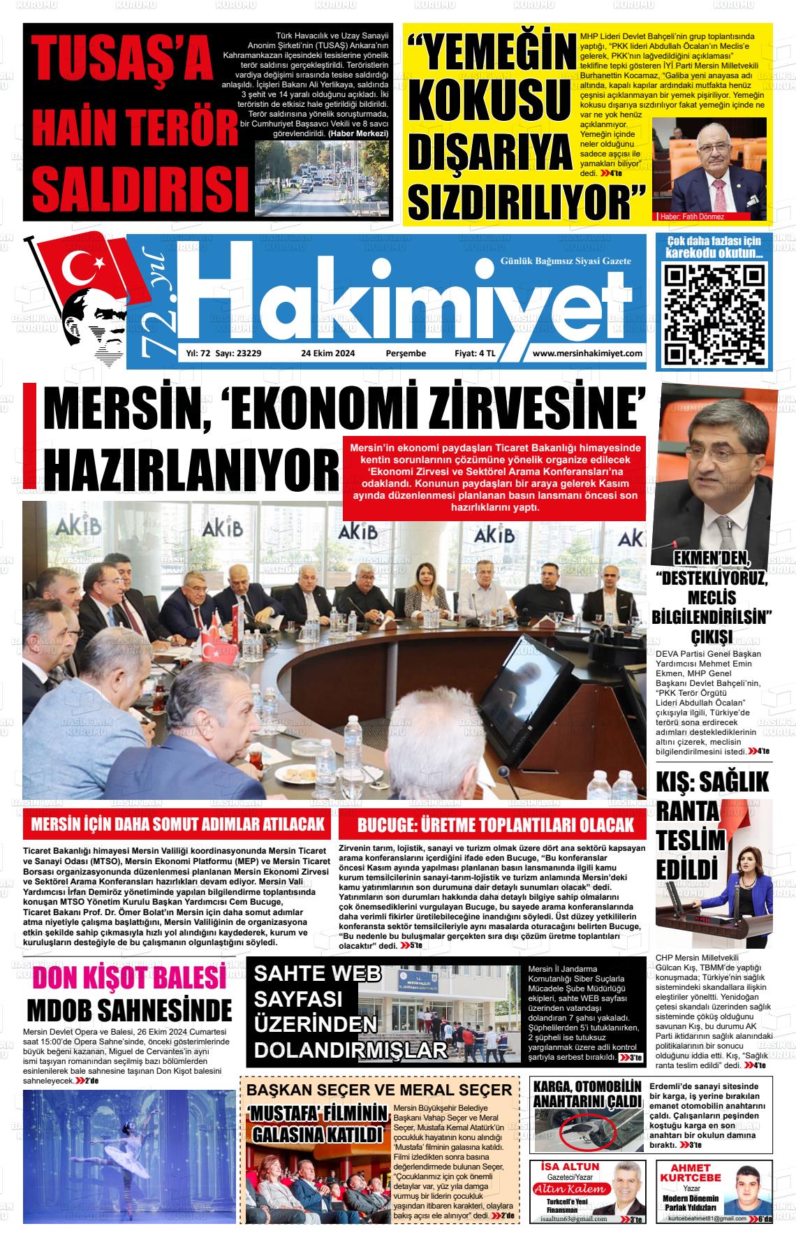 24 Ekim 2024 Mersin Hakimiyet Gazete Manşeti